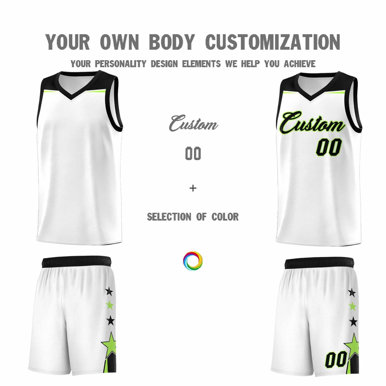 Custom Youth Basketball Uniform White Black Two Tone Side Star Add Name Number & Logo