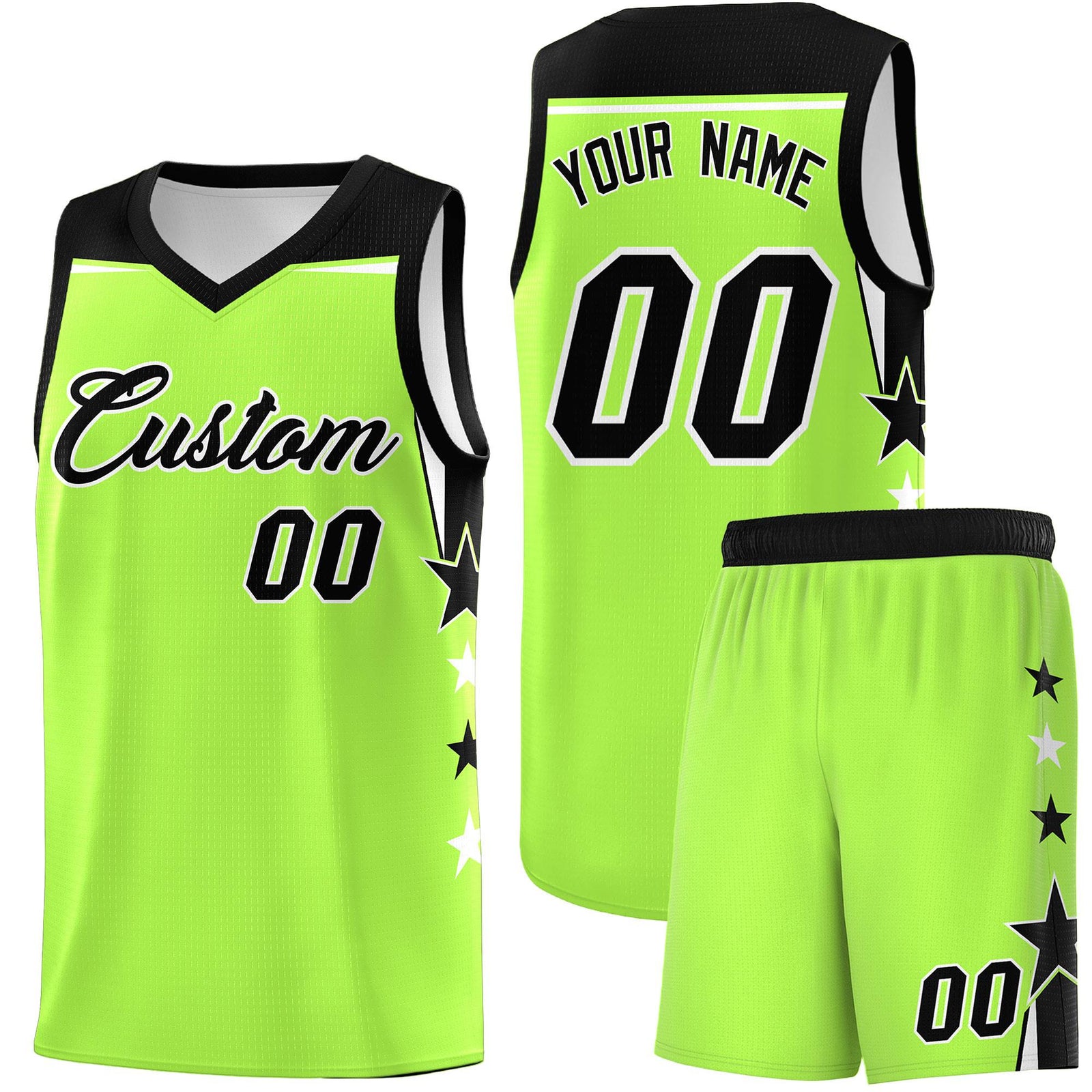 Custom Youth Basketball Uniform Fluorescent Green Black Two Tone Side Star Add Name Number & Logo