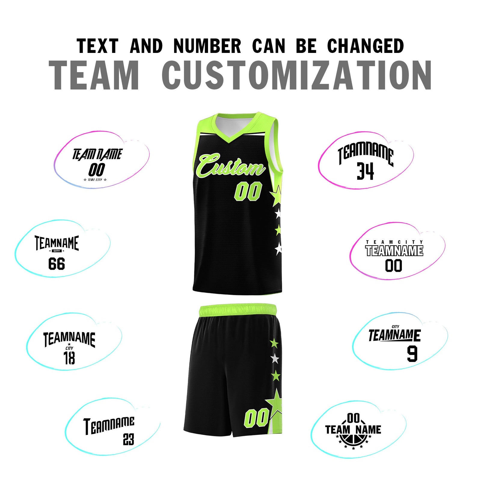 Custom Youth Basketball Uniform Black Fluorescent Green Two Tone Side Star Personalized Team Jersey