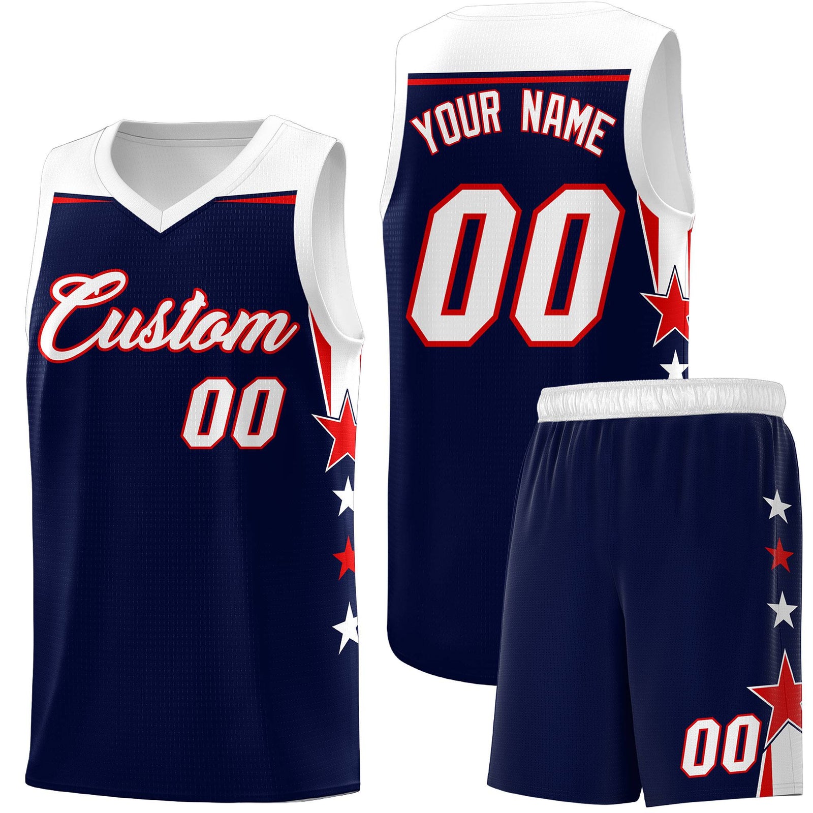 Custom Youth Basketball Uniform Navy White Two Tone Side Star Add Name Number & Logo