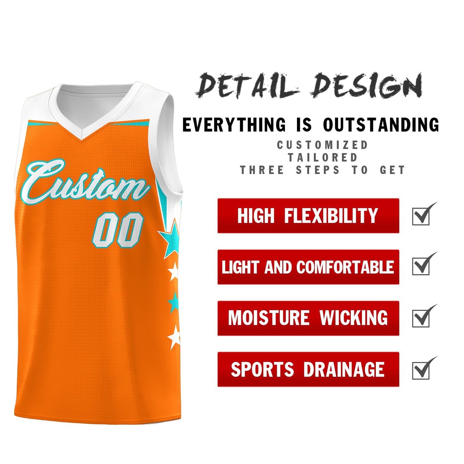 Custom Youth Basketball Uniform Orange White Two Tone Side Star Add Name Number & Logo