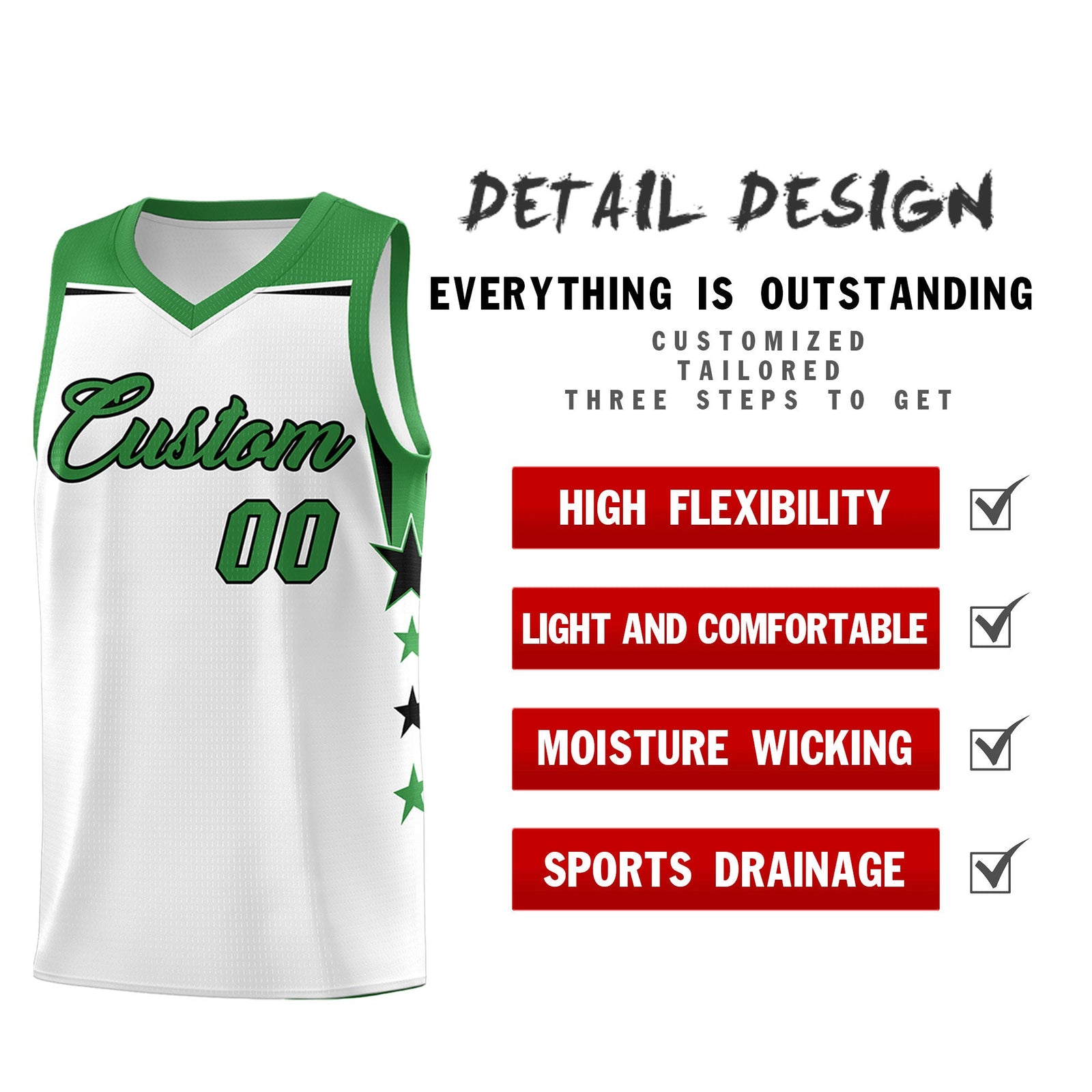 Custom Youth Basketball Uniform White Kelly Green Two Tone Side Star Color Block Team Jersey