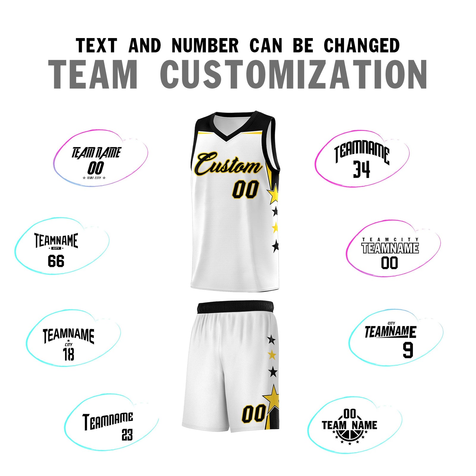 Custom Youth Basketball Uniform White Black Two Tone Side Star Color Block Team Jersey