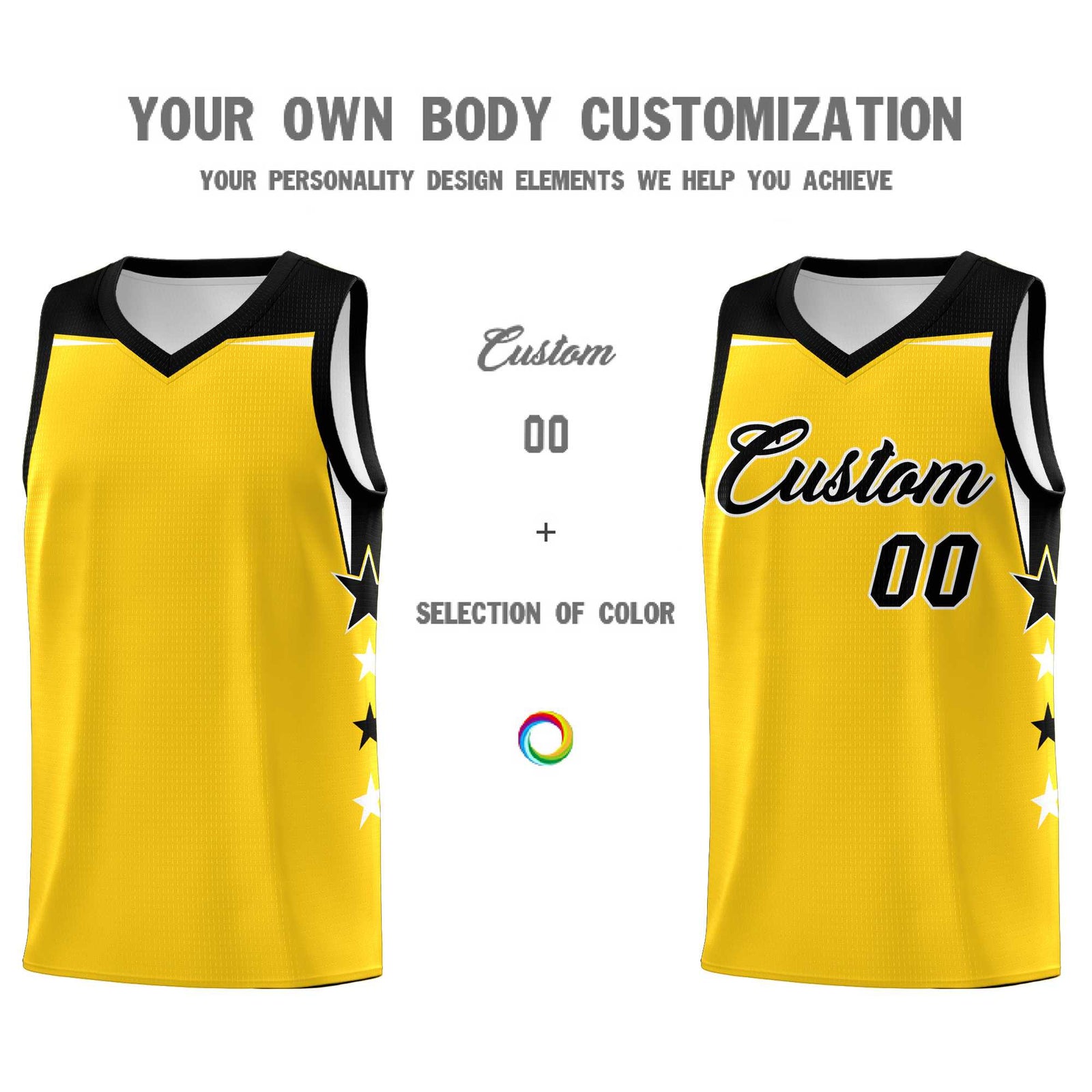 Custom Youth Basketball Uniform Gold Black Two Tone Side Star Personalized Team Jersey