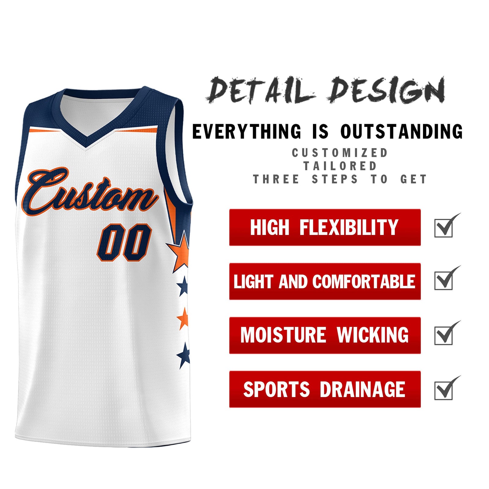 Custom Youth Basketball Uniform White Navy Two Tone Side Star Color Block Team Jersey