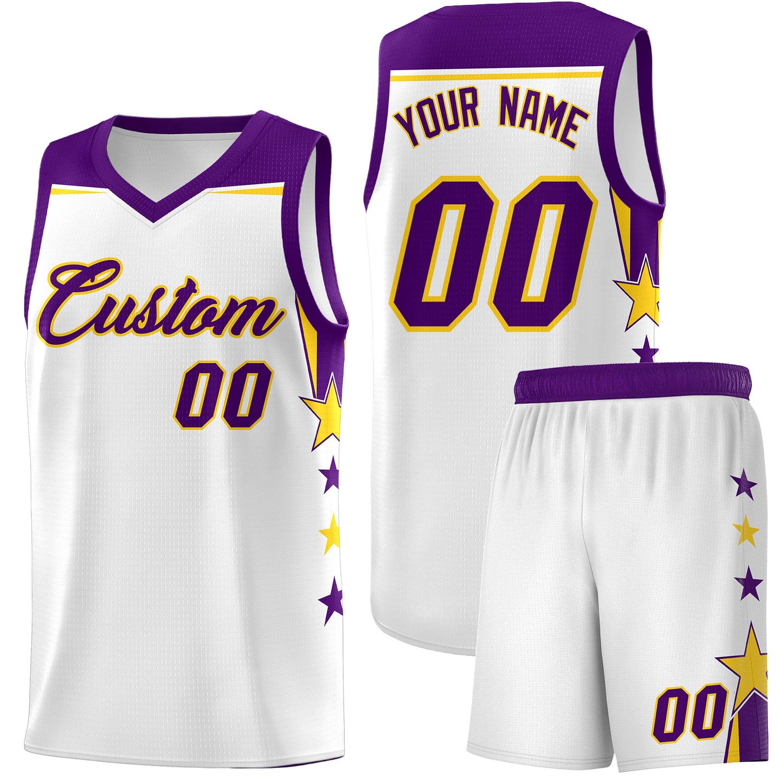 Custom Youth Basketball Uniform White Purple Two Tone Side Star Color Block Team Jersey