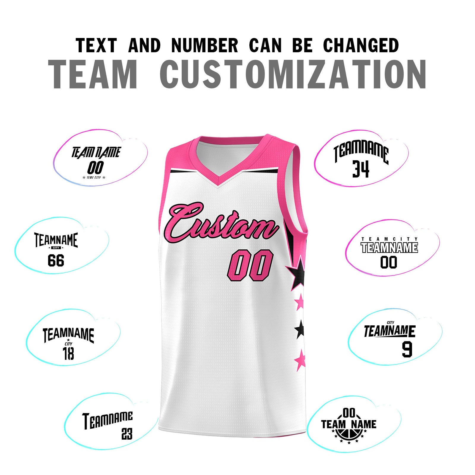 Custom Youth Basketball Uniform White Pink Two Tone Side Star Color Block Team Jersey