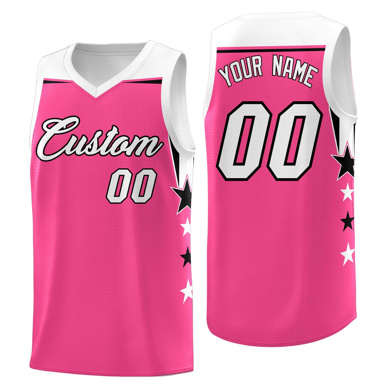Custom Youth Basketball Uniform Pink White Two Tone Side Star Add Name Number & Logo