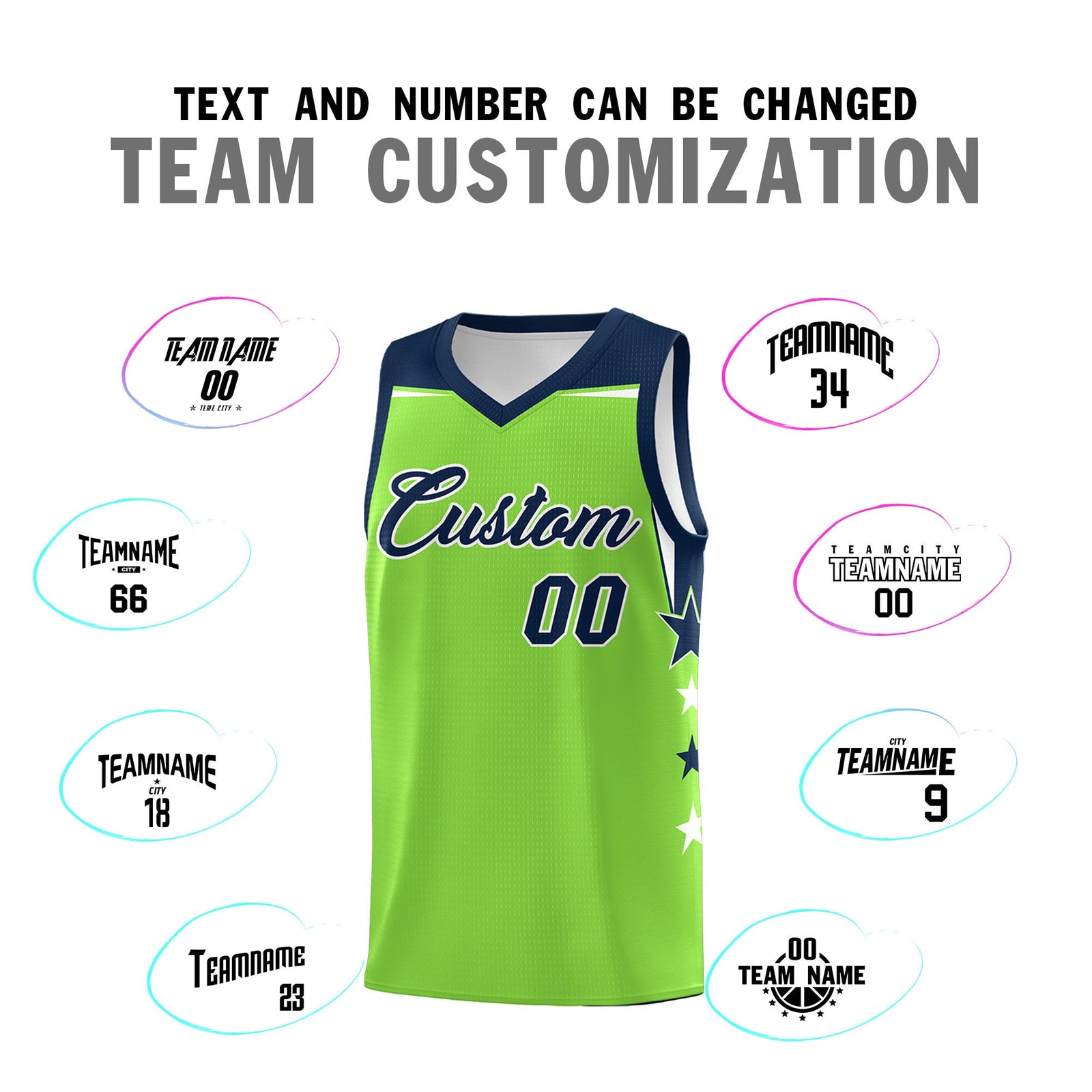 Custom Youth Basketball Uniform Fluorescent Green Navy Two Tone Side Star Personalized Team Jersey