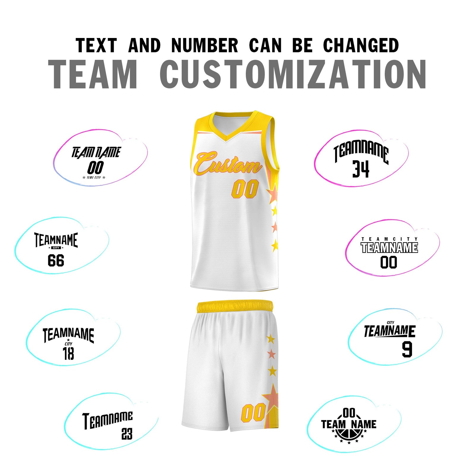 Custom Youth Basketball Uniform White Gold Two Tone Side Star Add Name Number & Logo