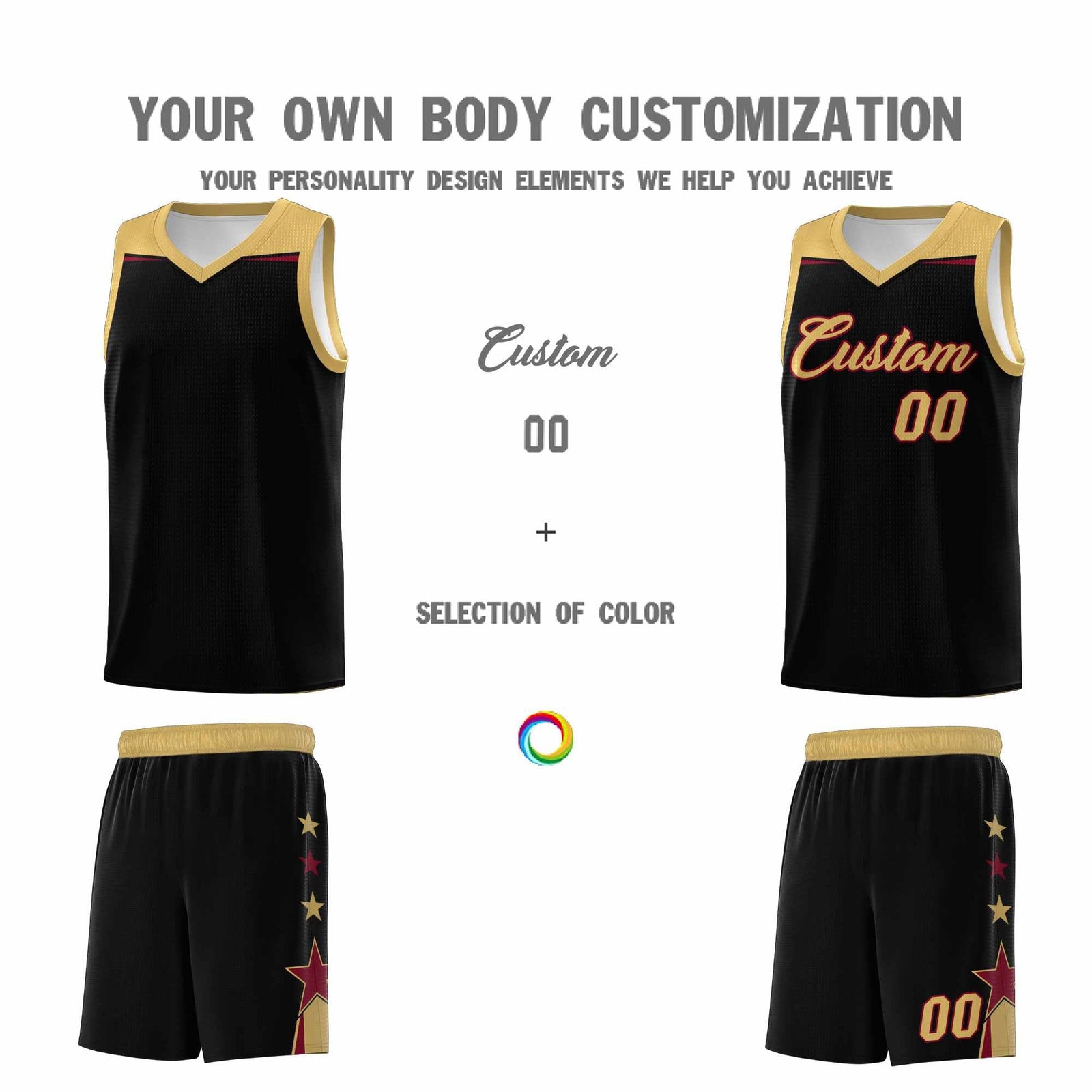 Custom Youth Basketball Uniform Black Old Gold Two Tone Side Star Add Name Number & Logo