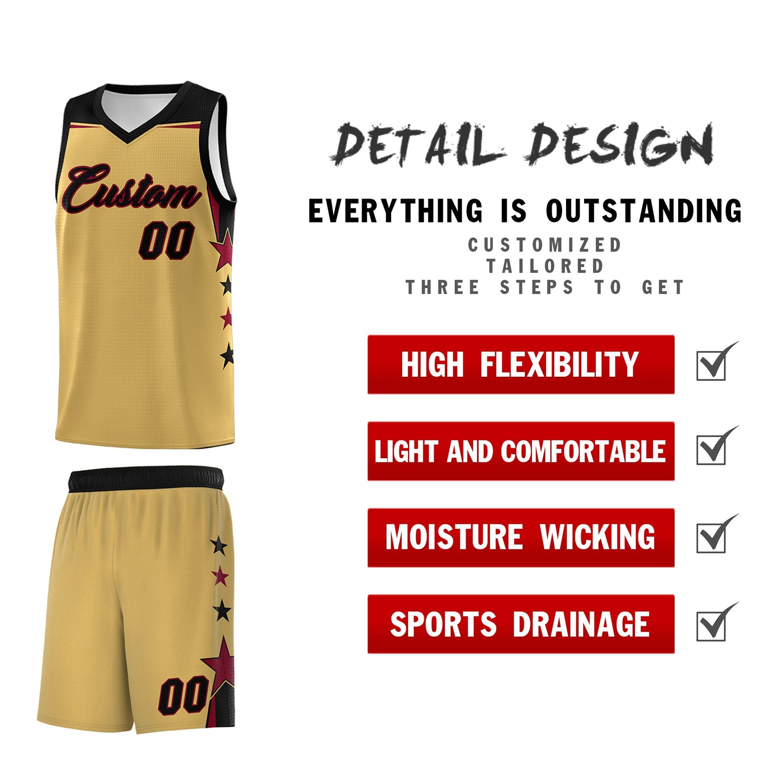 Custom Youth Basketball Uniform Old Gold Black Two Tone Side Star Personalized Team Jersey