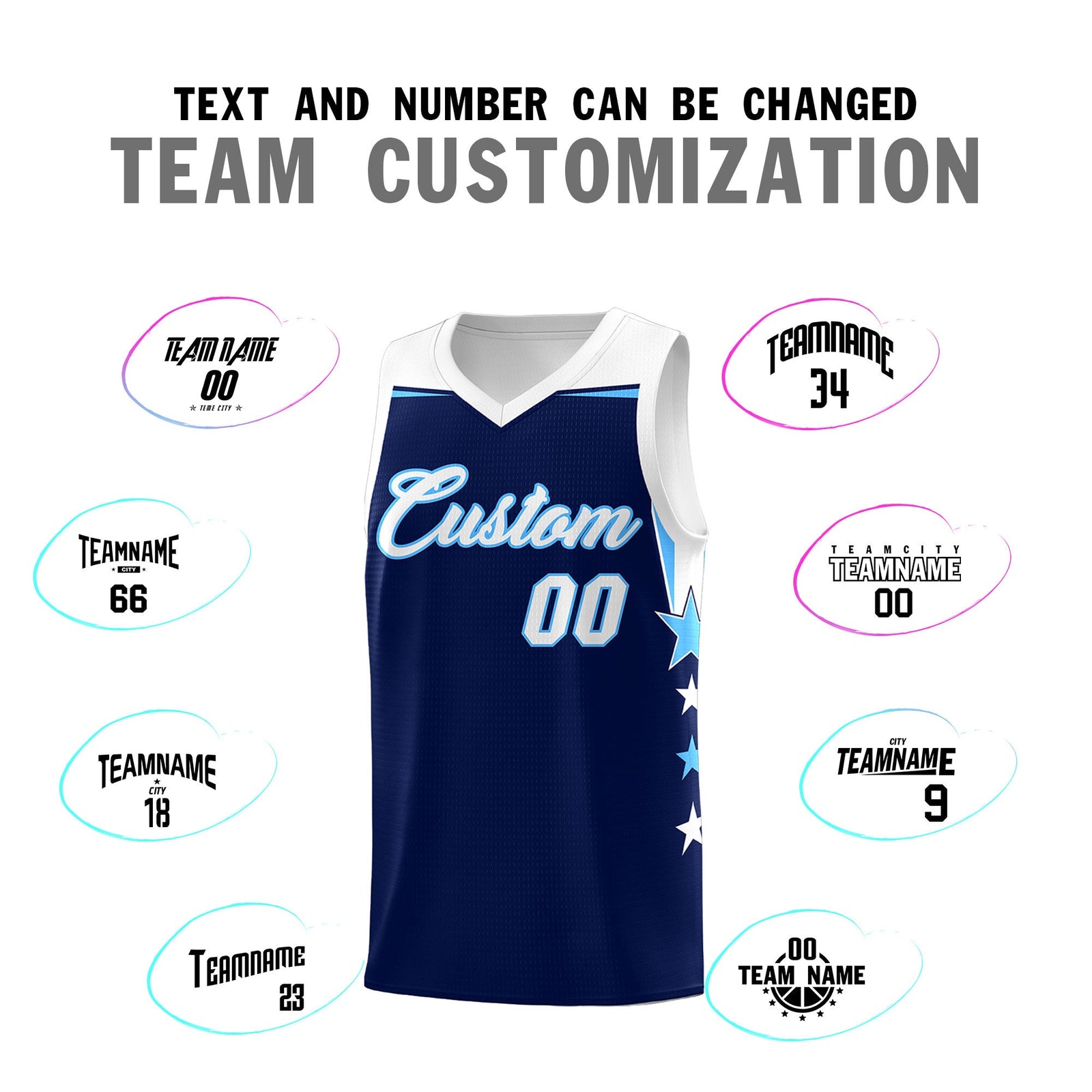 Custom Youth Basketball Uniform Navy White Two Tone Side Star Personalized Team Jersey