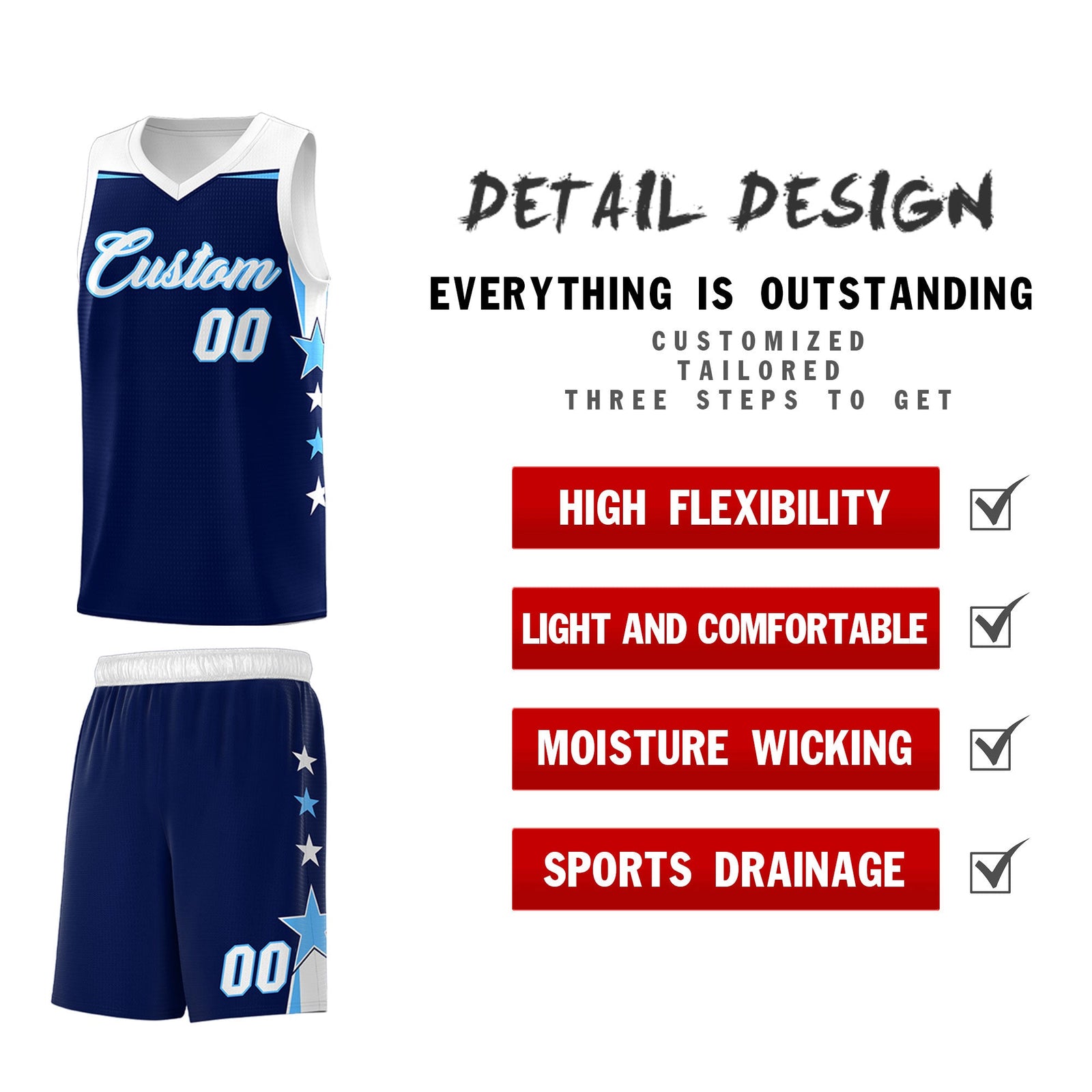 Custom Youth Basketball Uniform Navy White Two Tone Side Star Personalized Team Jersey