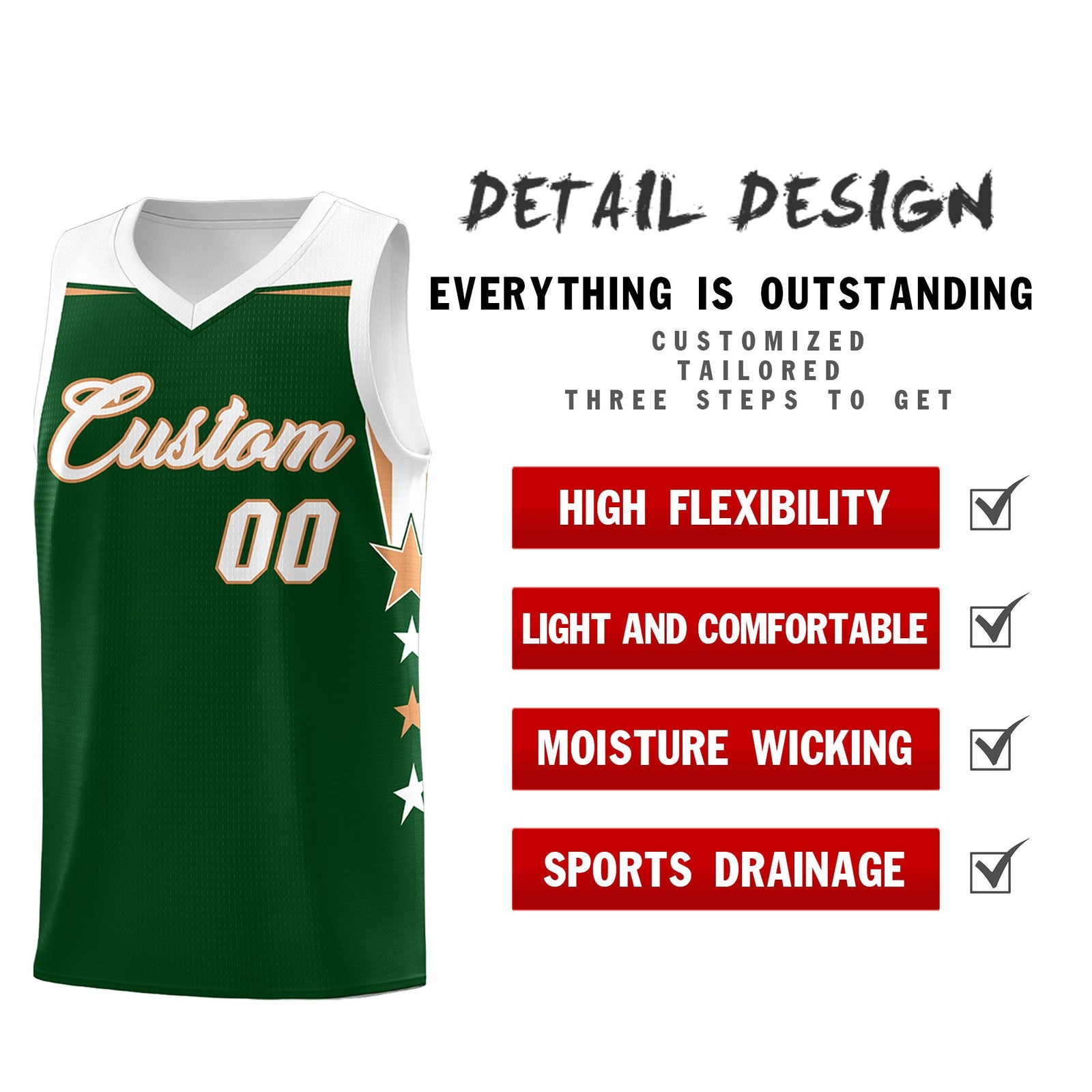 Custom Youth Basketball Uniform Green White Two Tone Side Star Personalized Team Jersey