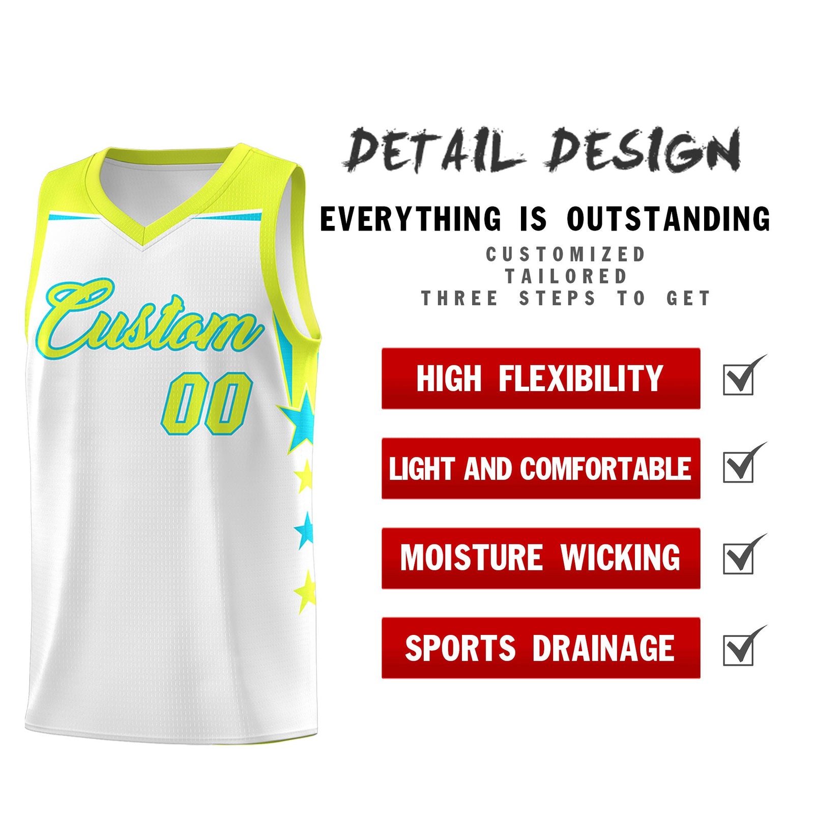 Custom Youth Basketball Uniform White Fluorescent Green Two Tone Side Star Add Name Number & Logo
