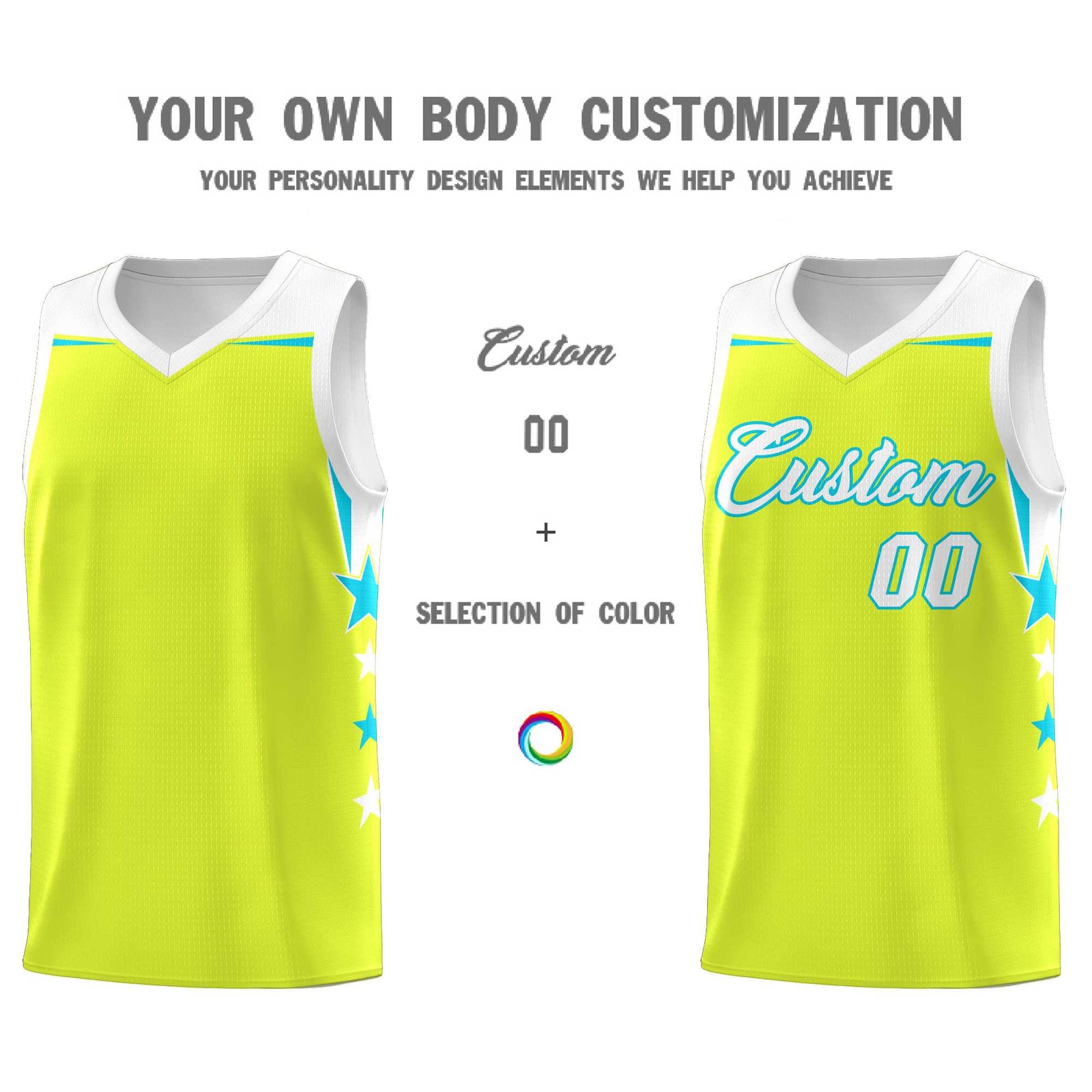 Custom Youth Basketball Uniform Fluorescent Green White Two Tone Side Star Personalized Team Jersey