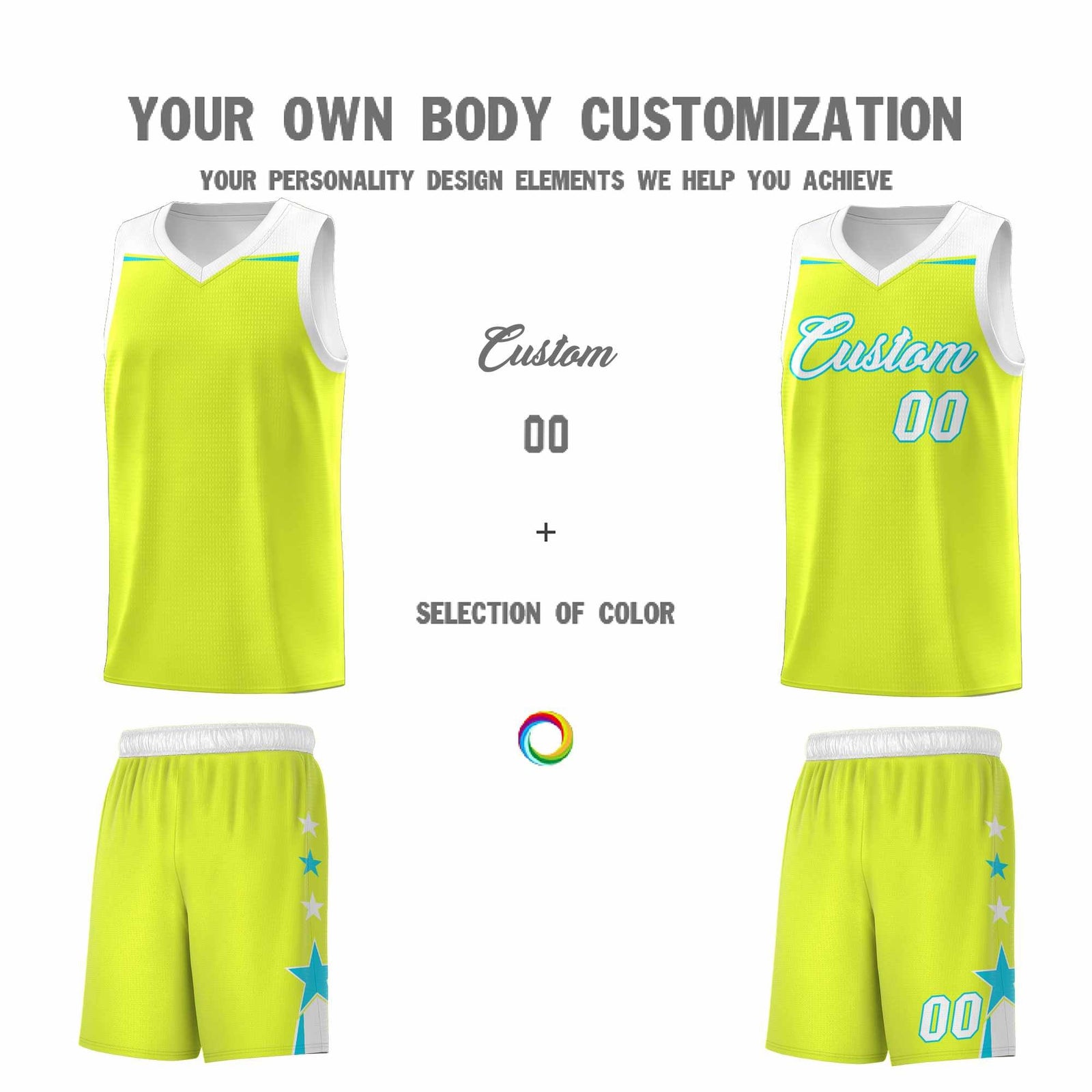 Custom Youth Basketball Uniform Fluorescent Green White Two Tone Side Star Personalized Team Jersey