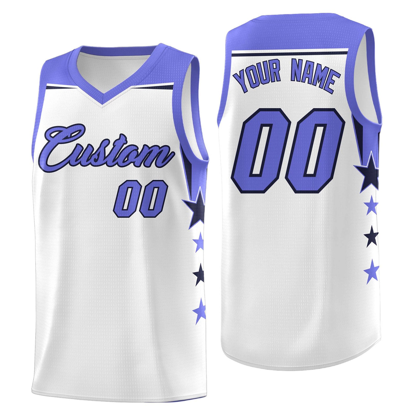 Custom Youth Basketball Uniform White Purple Two Tone Side Star Add Name Number & Logo