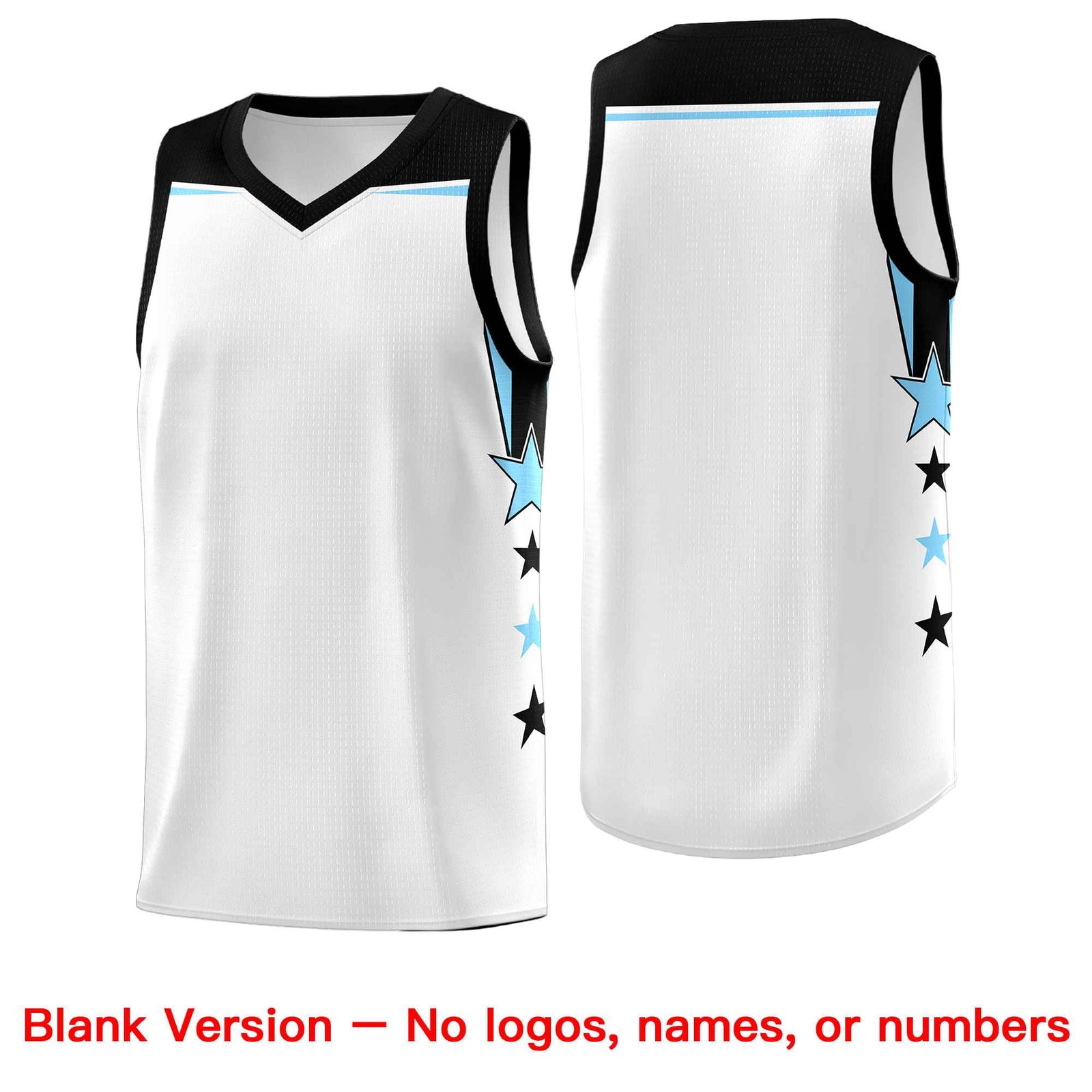Custom Youth Basketball Uniform White Light Blue Two Tone Side Star Add Name Number & Logo