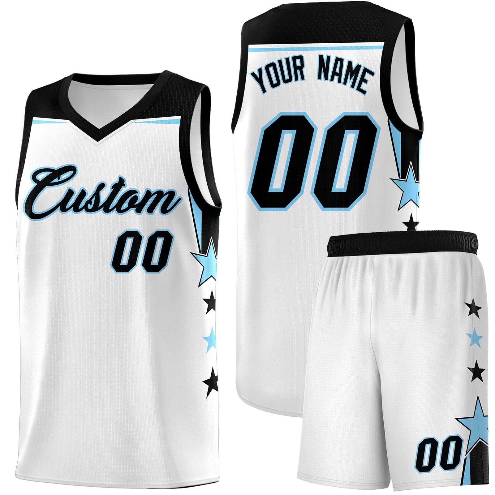 Custom Youth Basketball Uniform White Light Blue Two Tone Side Star Add Name Number & Logo