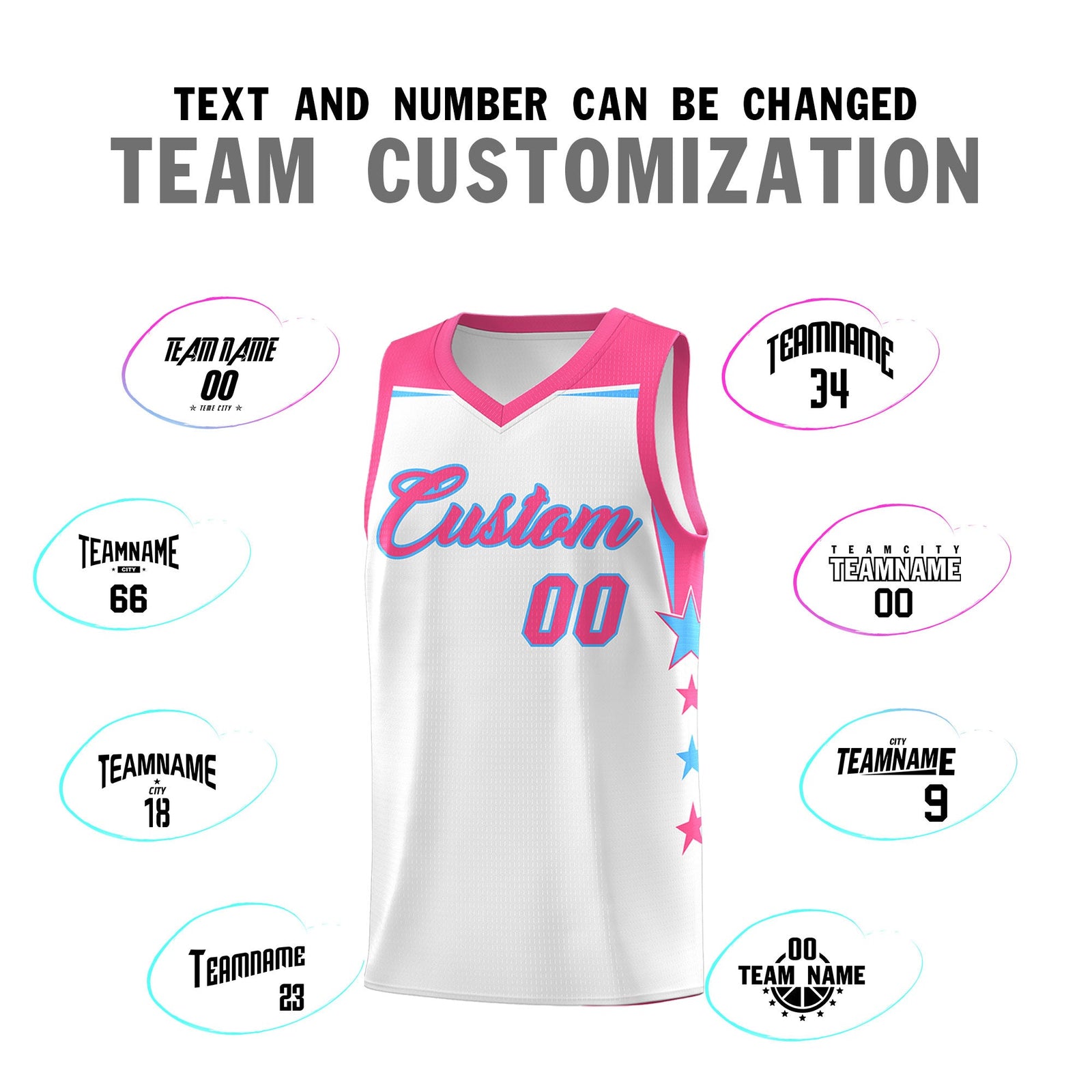 Custom Youth Basketball Uniform White Pink Two Tone Side Star Add Name Number & Logo