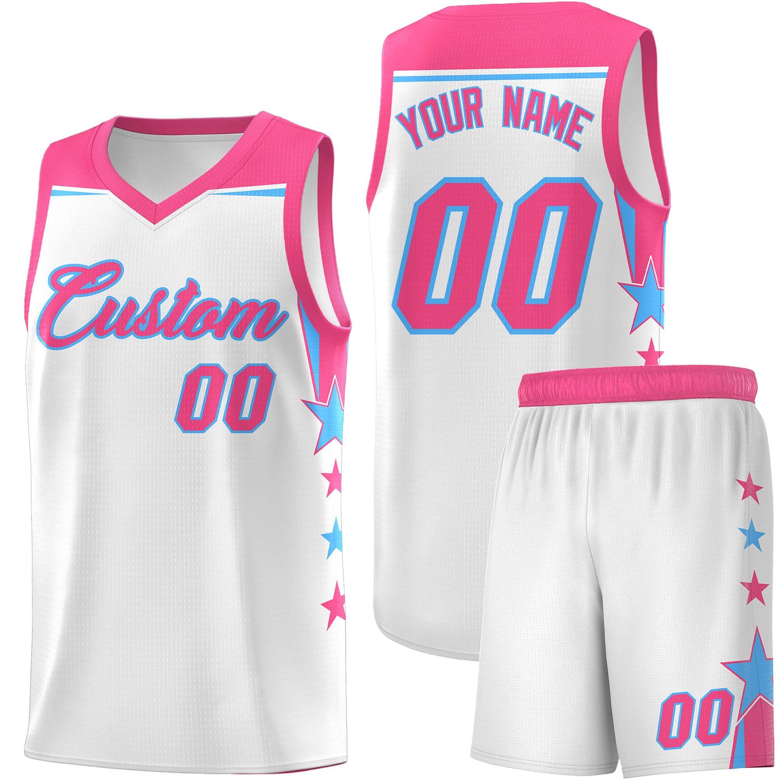 Custom Youth Basketball Uniform White Pink Two Tone Side Star Add Name Number & Logo