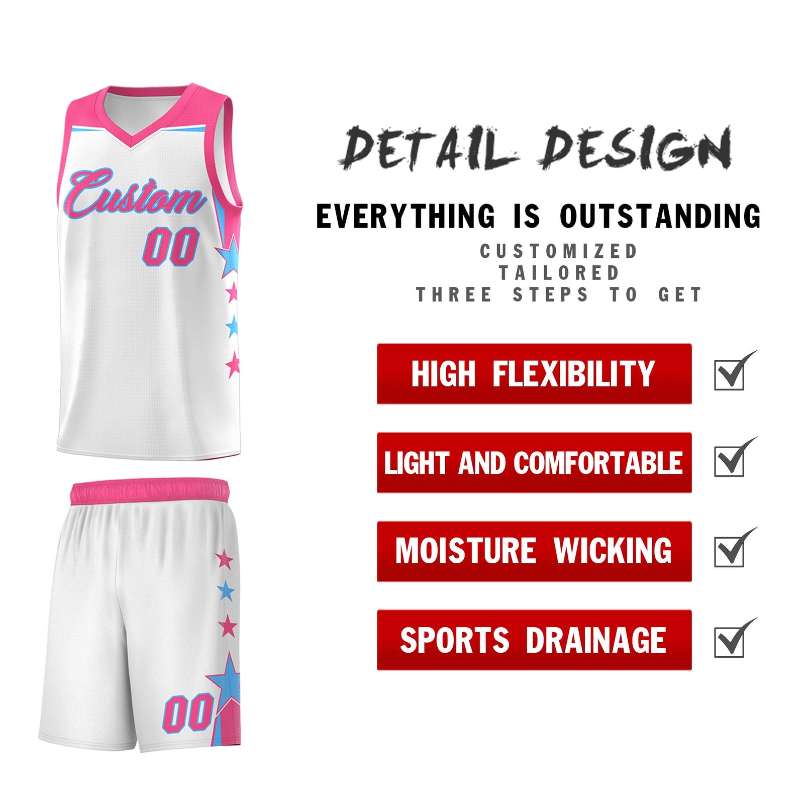 Custom Youth Basketball Uniform White Pink Two Tone Side Star Add Name Number & Logo
