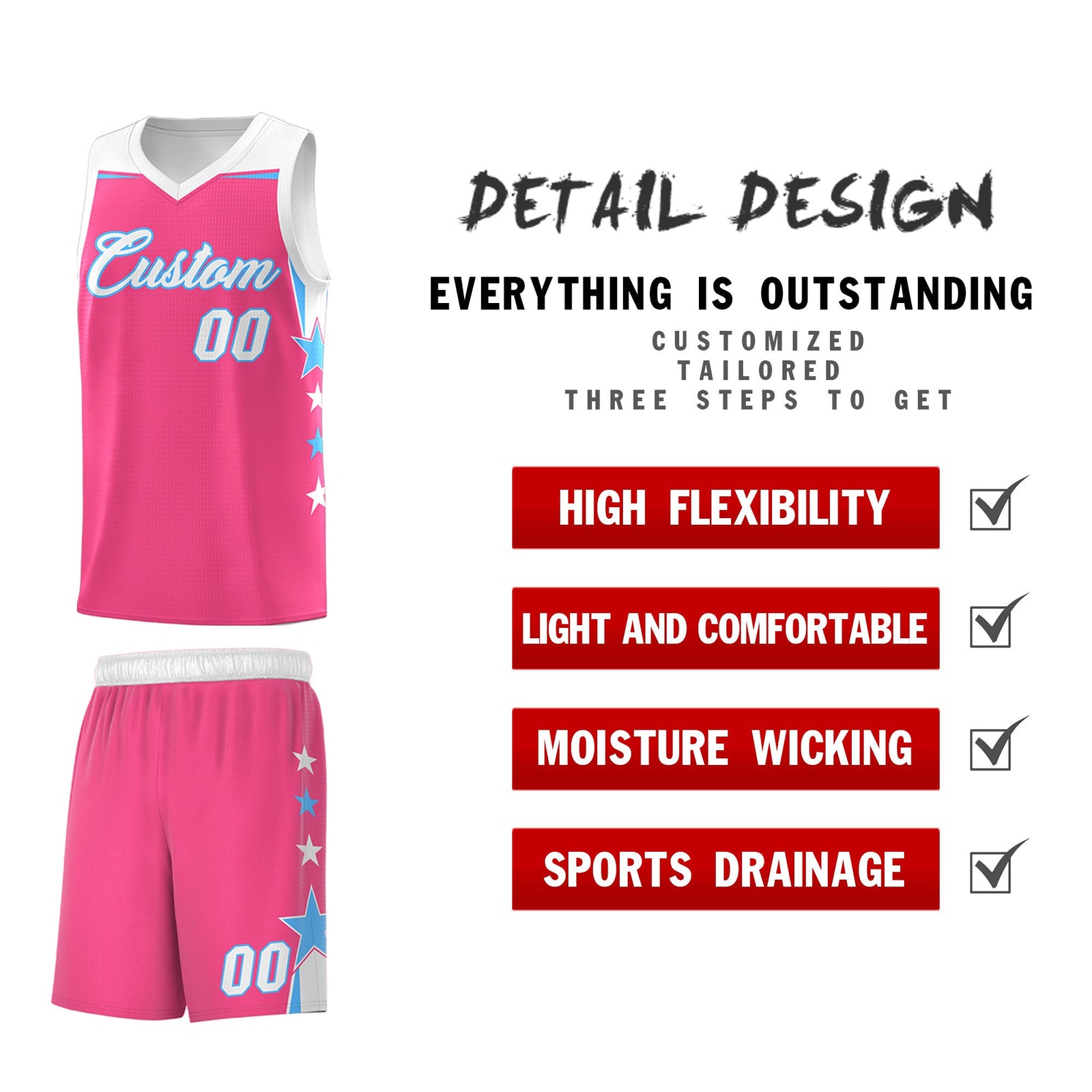 Custom Youth Basketball Uniform Pink White Two Tone Side Star Personalized Team Jersey
