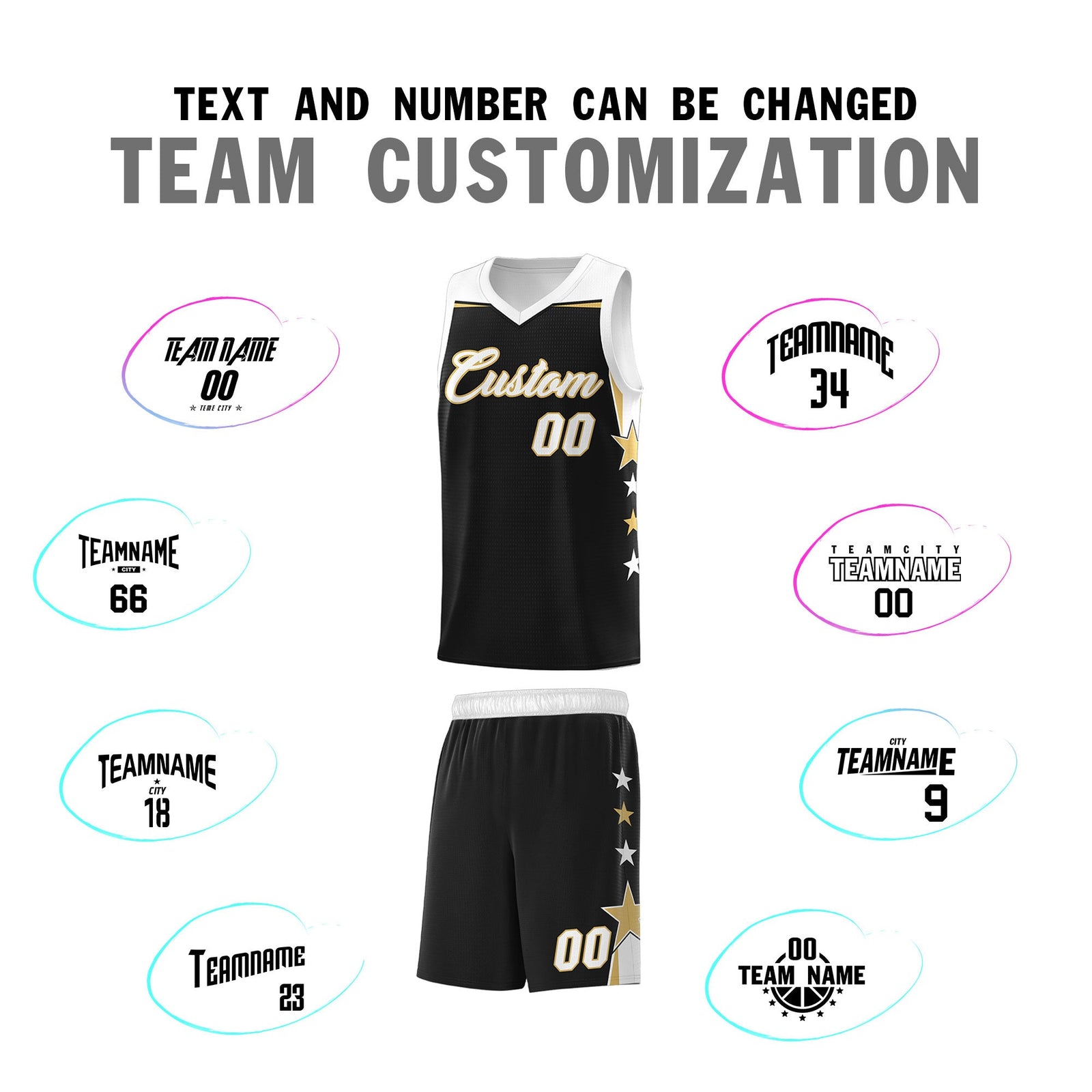 Custom Youth Basketball Uniform Black White Two Tone Side Star Personalized Team Jersey