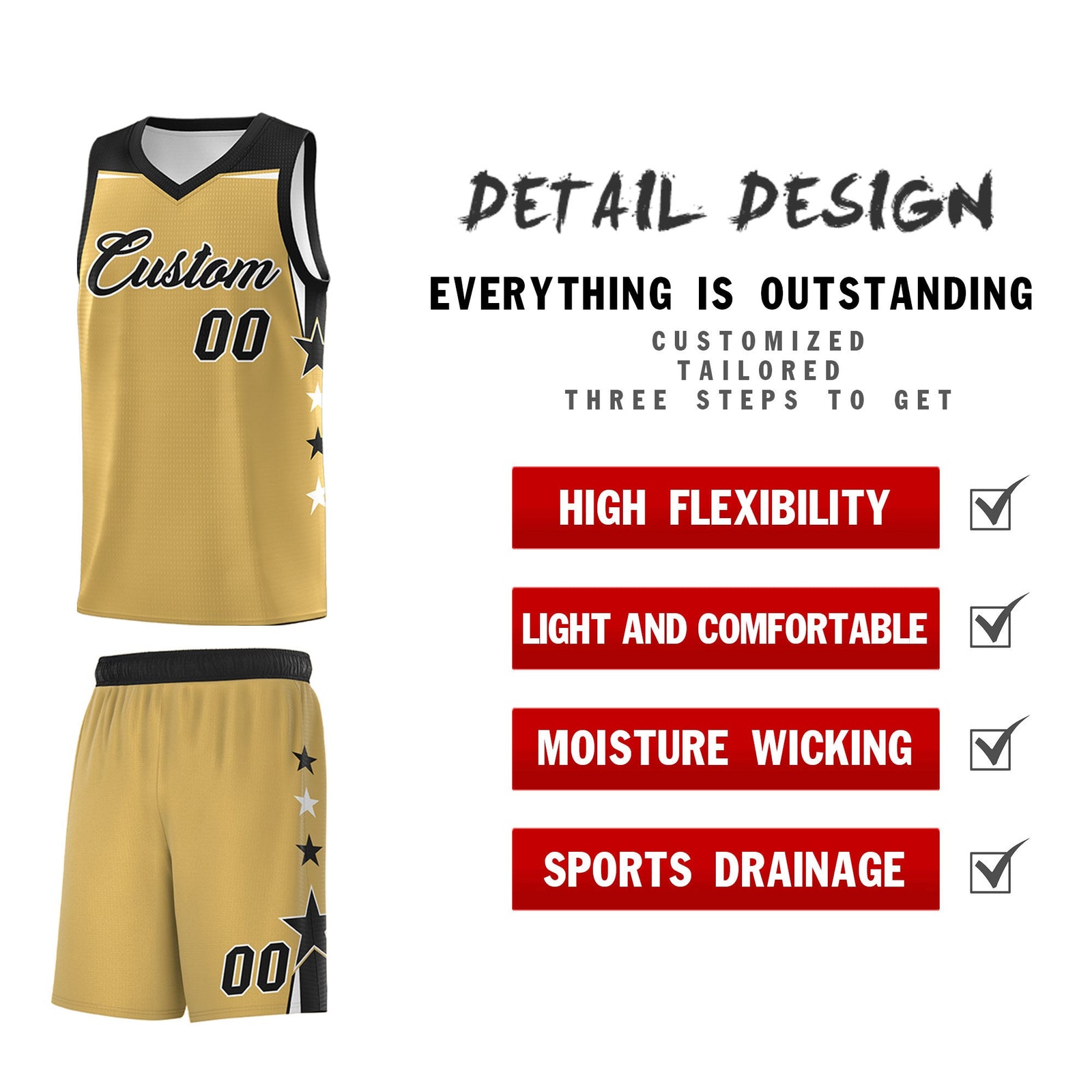 Custom Youth Basketball Uniform Old Gold Black Two Tone Side Star Color Block Team Jersey