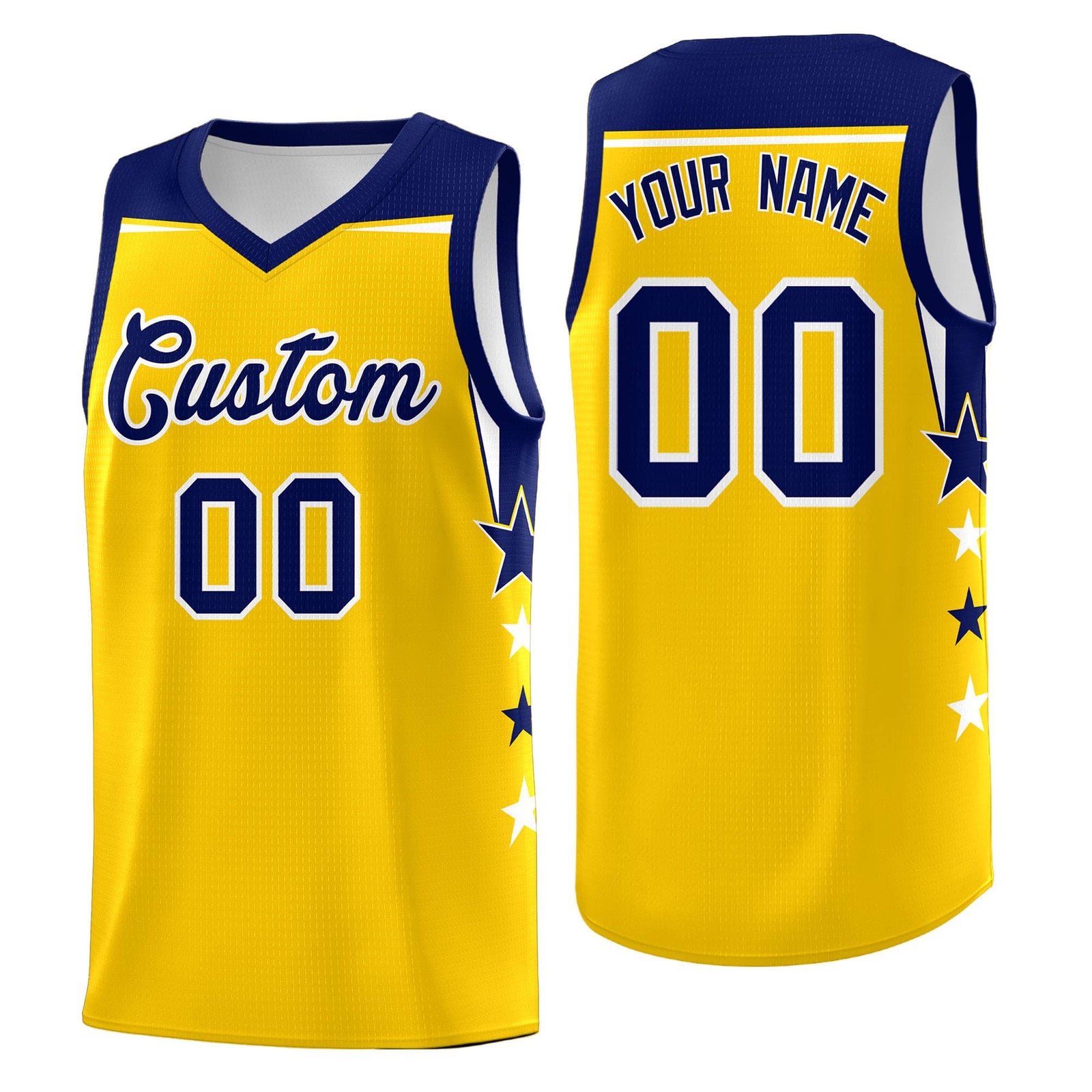 Custom Youth Basketball Uniform Gold Navy Two Tone Side Star Personalized Team Jersey