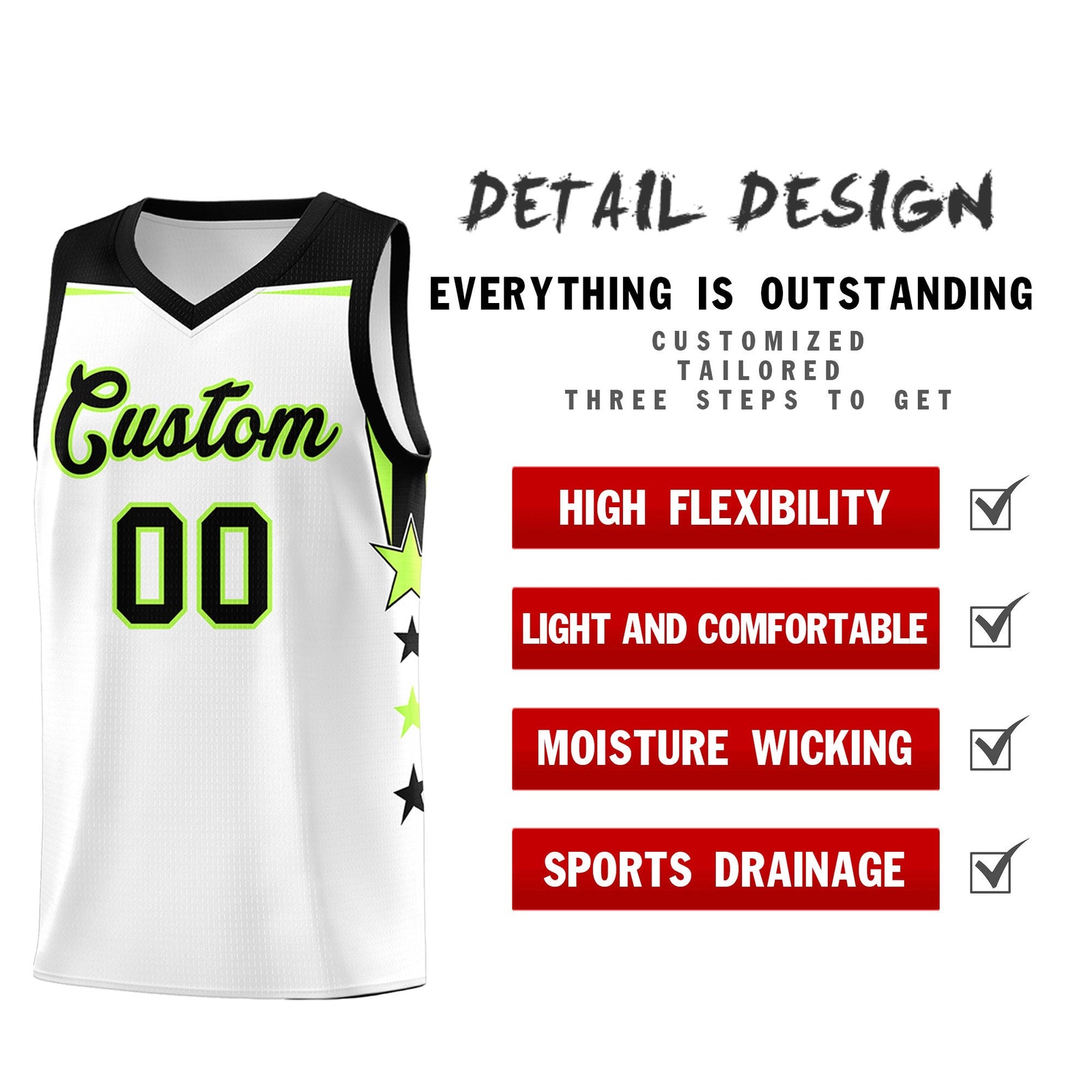 Custom Youth Basketball Uniform White Black Two Tone Side Star Add Name Number & Logo