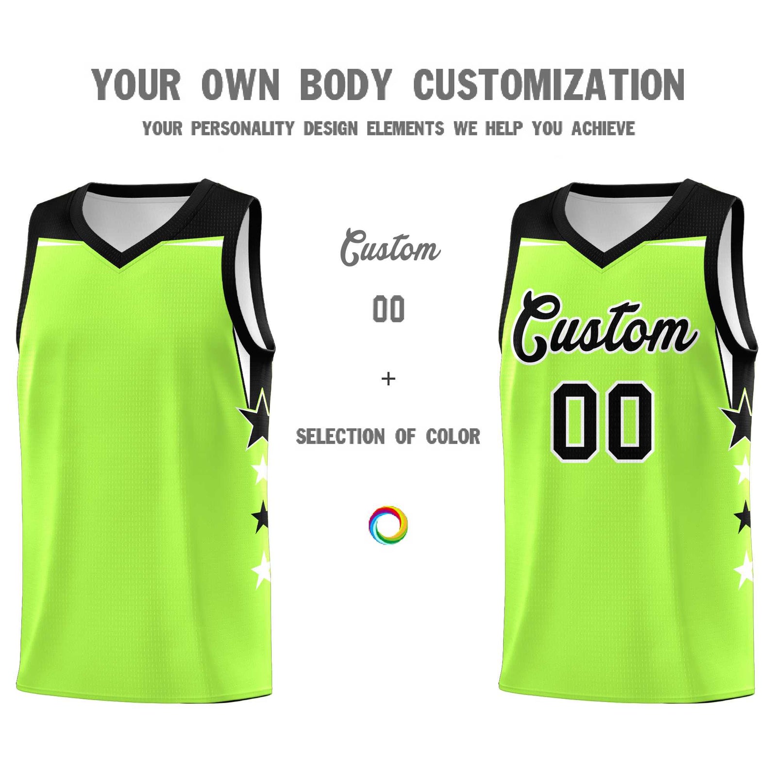 Custom Youth Basketball Uniform Fluorescent Green Black Two Tone Side Star Add Name Number & Logo
