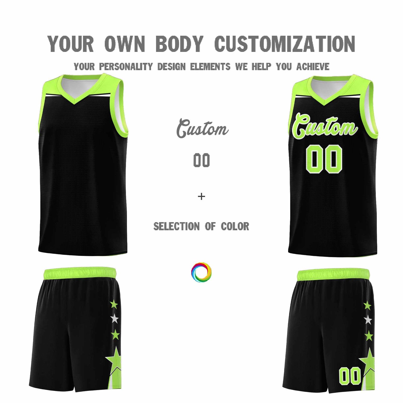 Custom Youth Basketball Uniform Black Fluorescent Green Two Tone Side Star Personalized Team Jersey