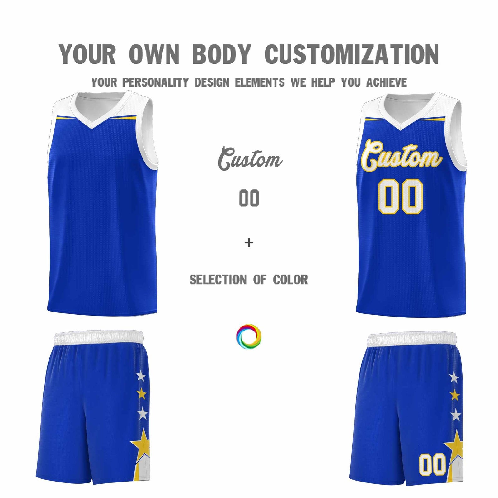Custom Youth Basketball Uniform Royal White Two Tone Side Star Add Name Number & Logo