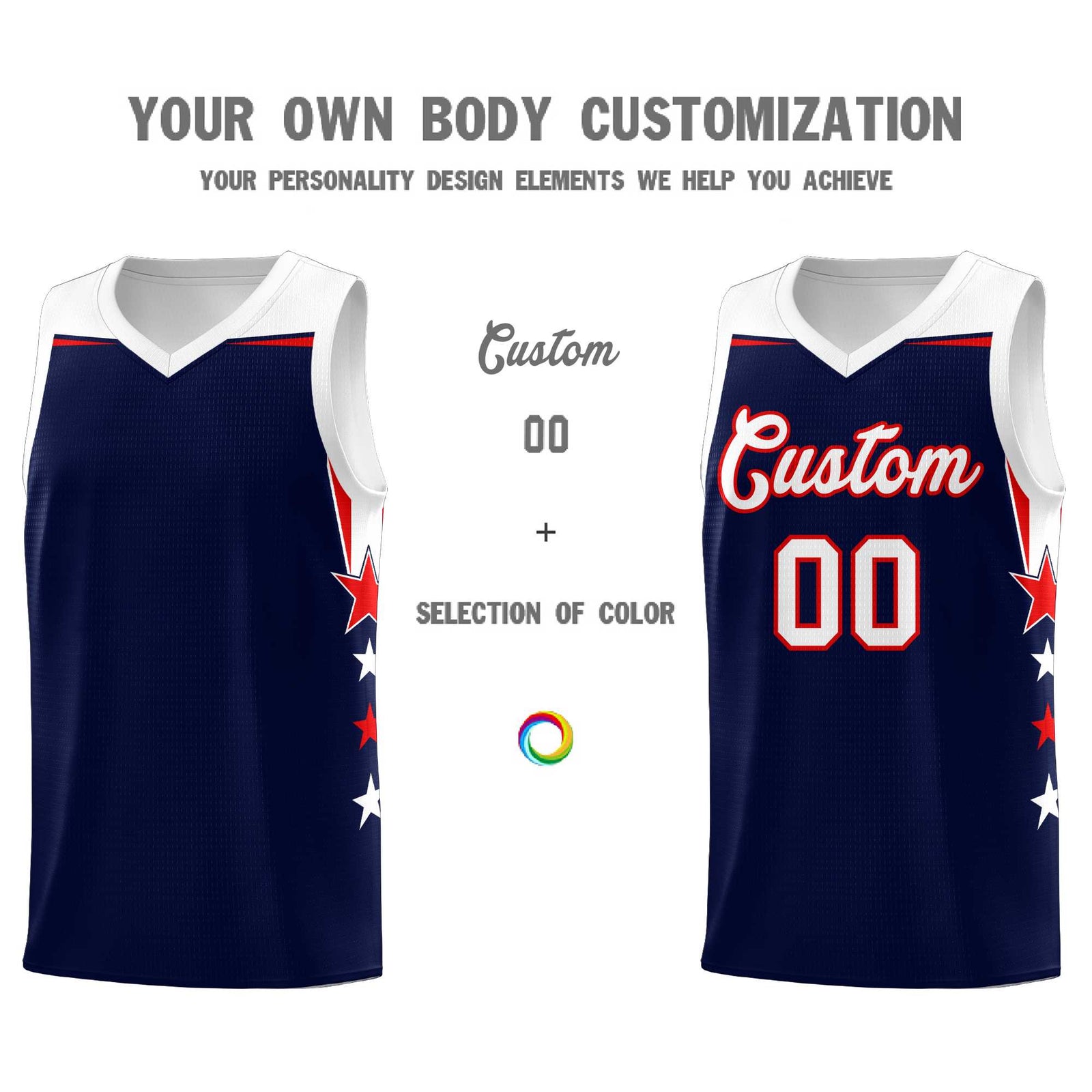 Custom Youth Basketball Uniform Navy White Two Tone Side Star Add Name Number & Logo