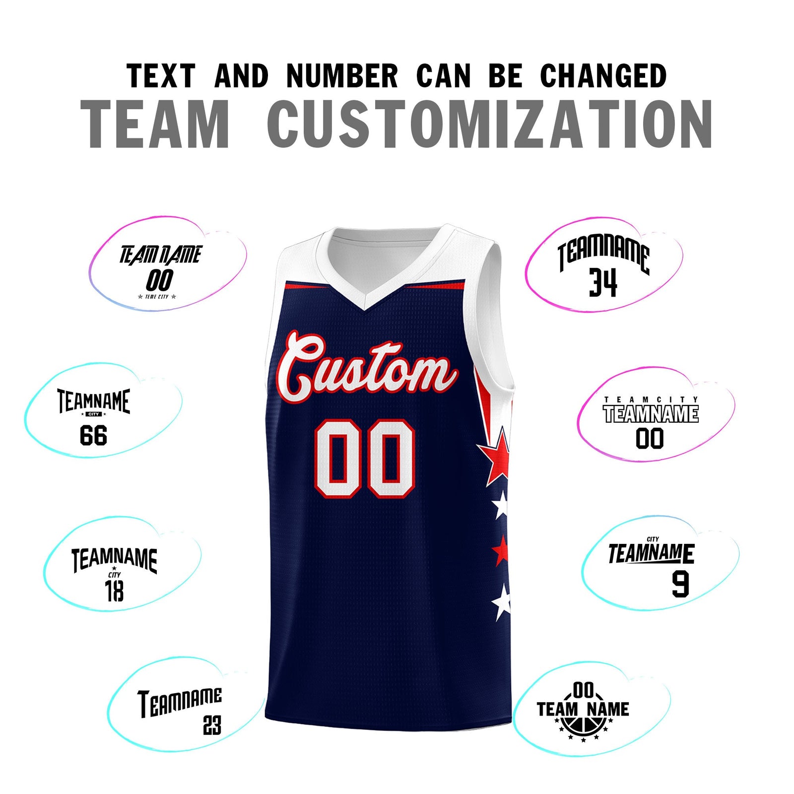 Custom Youth Basketball Uniform Navy White Two Tone Side Star Add Name Number & Logo
