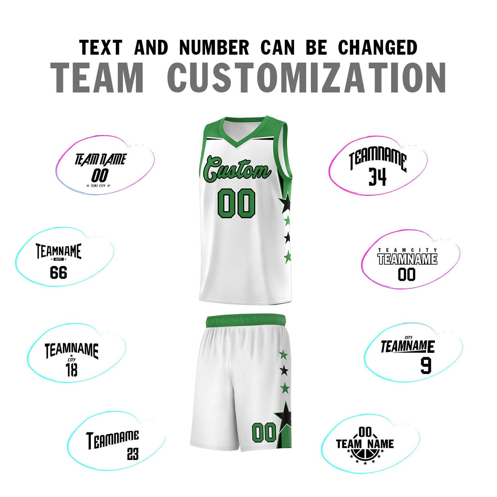 Custom Youth Basketball Uniform White Kelly Green Two Tone Side Star Color Block Team Jersey