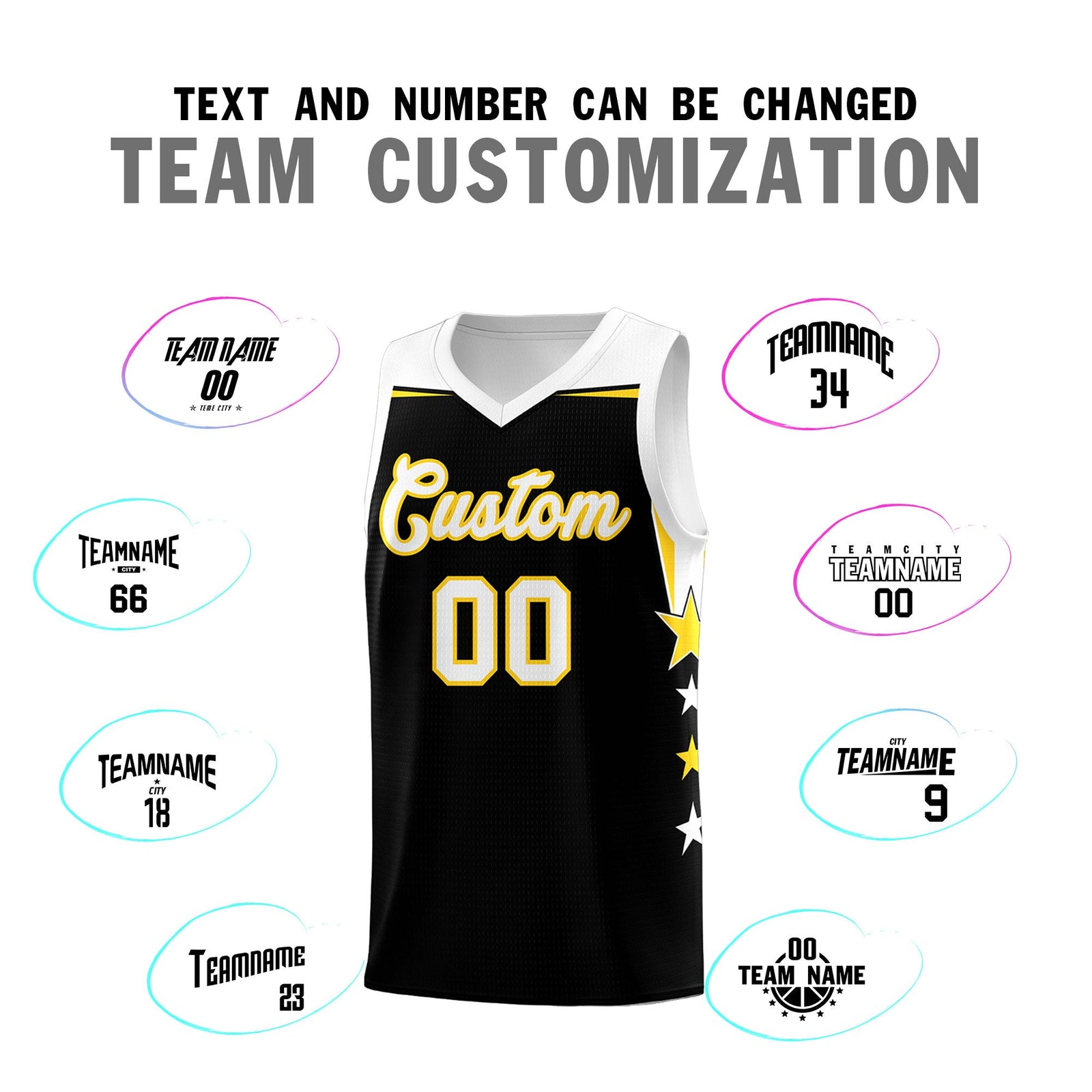 Custom Youth Basketball Uniform Black White Two Tone Side Star Add Name Number & Logo