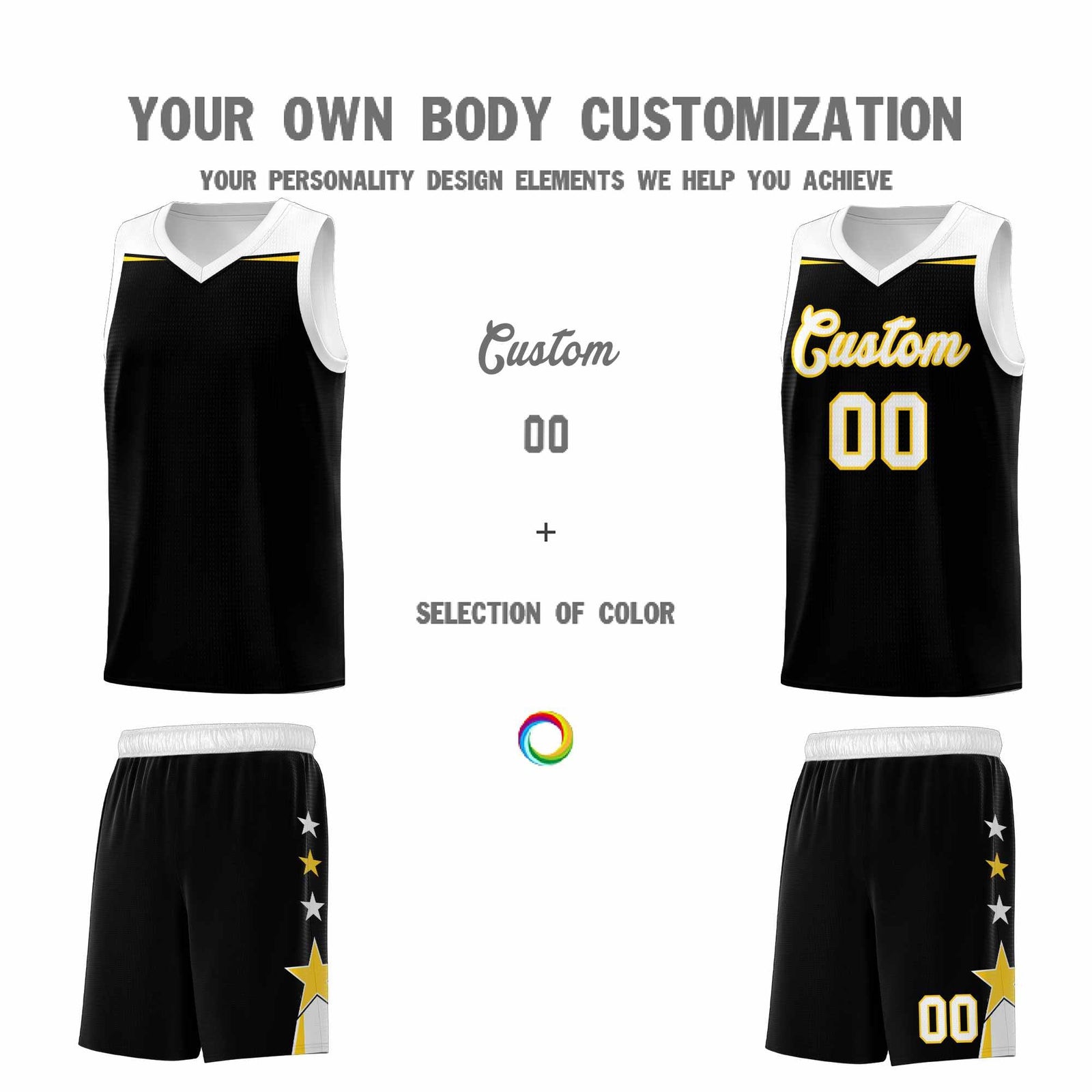 Custom Youth Basketball Uniform Black White Two Tone Side Star Add Name Number & Logo