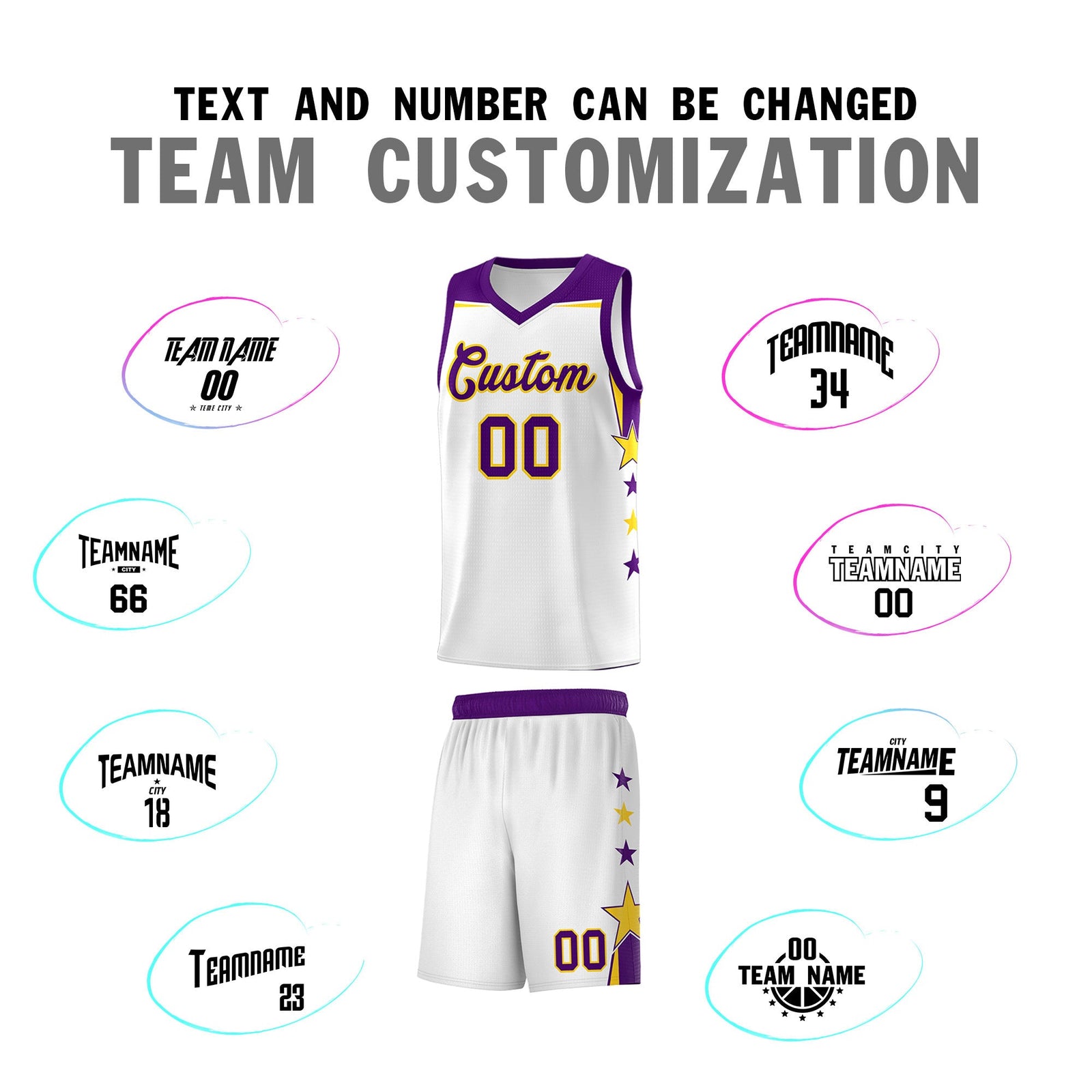 Custom Youth Basketball Uniform White Purple Two Tone Side Star Color Block Team Jersey