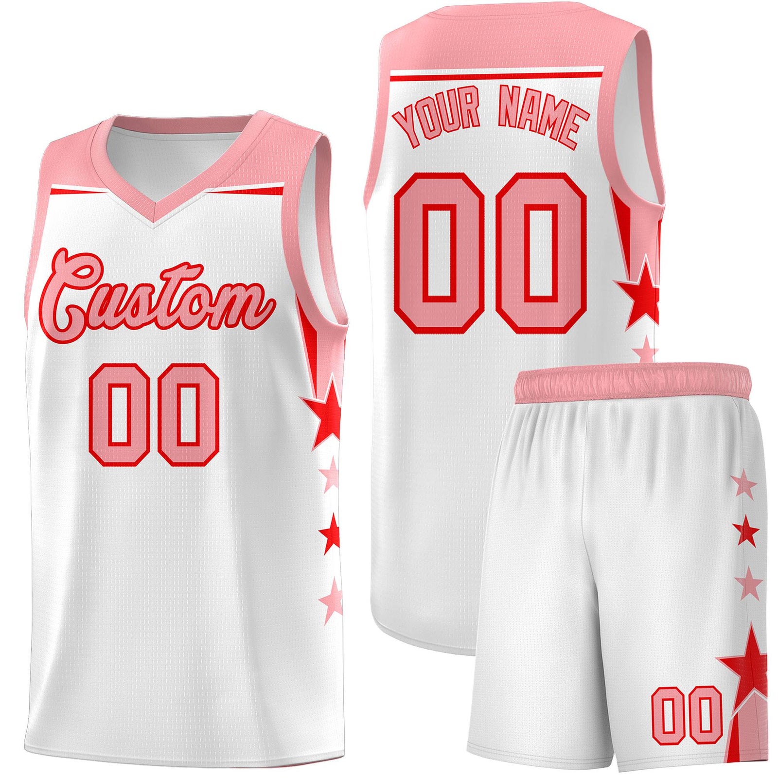 Custom Youth Basketball Uniform White Light Pink Two Tone Side Star Color Block Team Jersey