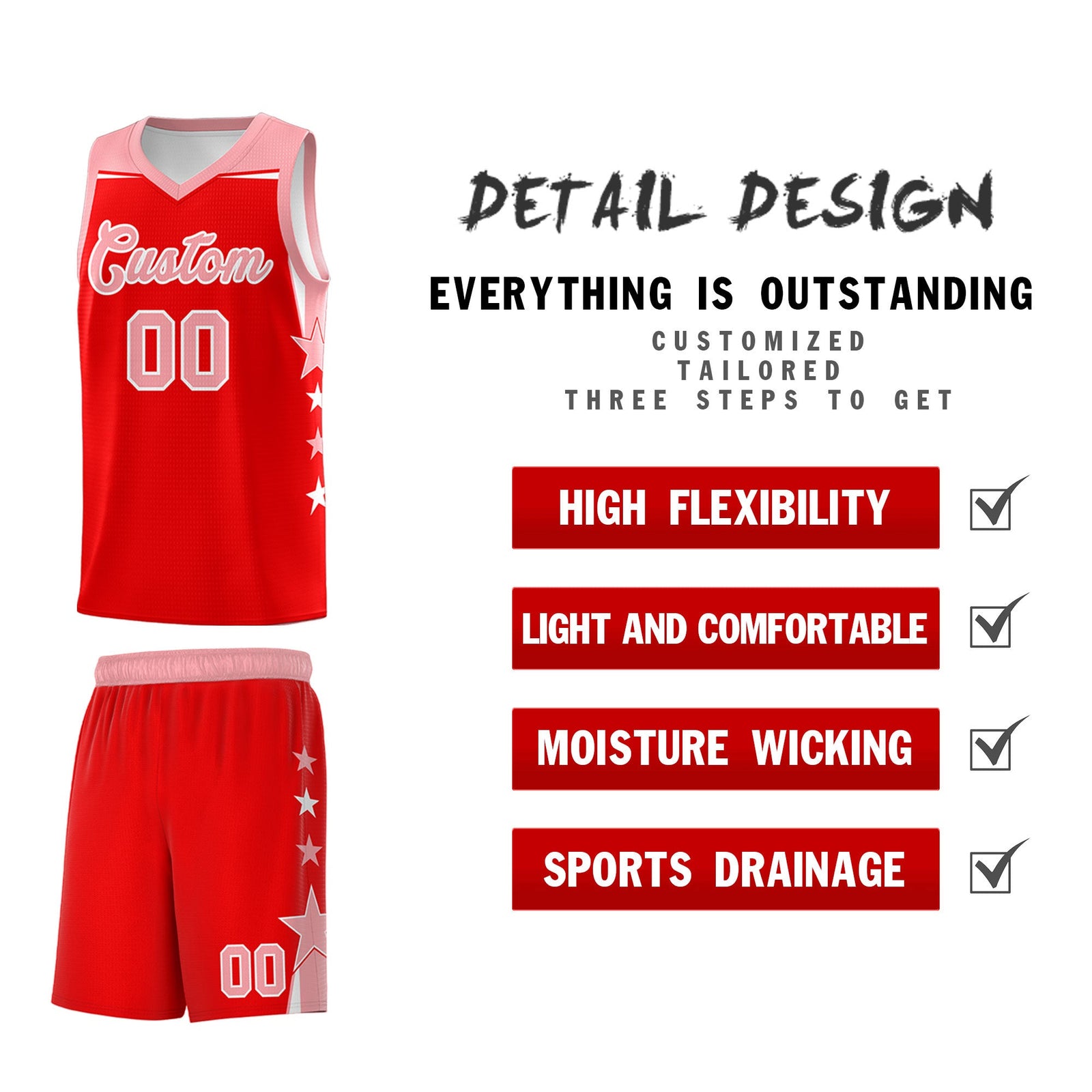 Custom Youth Basketball Uniform Light Red Light Pink Two Tone Side Star Personalized Team Jersey