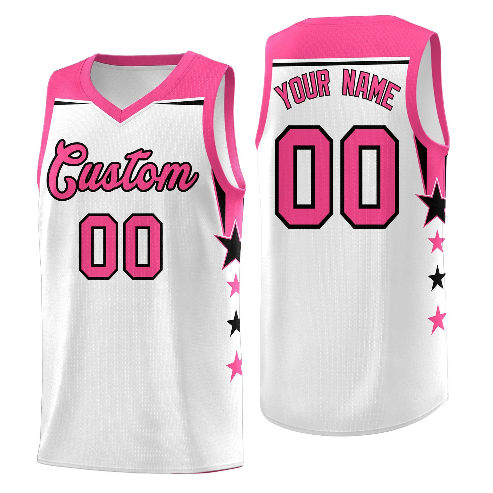 Custom Youth Basketball Uniform White Pink Two Tone Side Star Color Block Team Jersey
