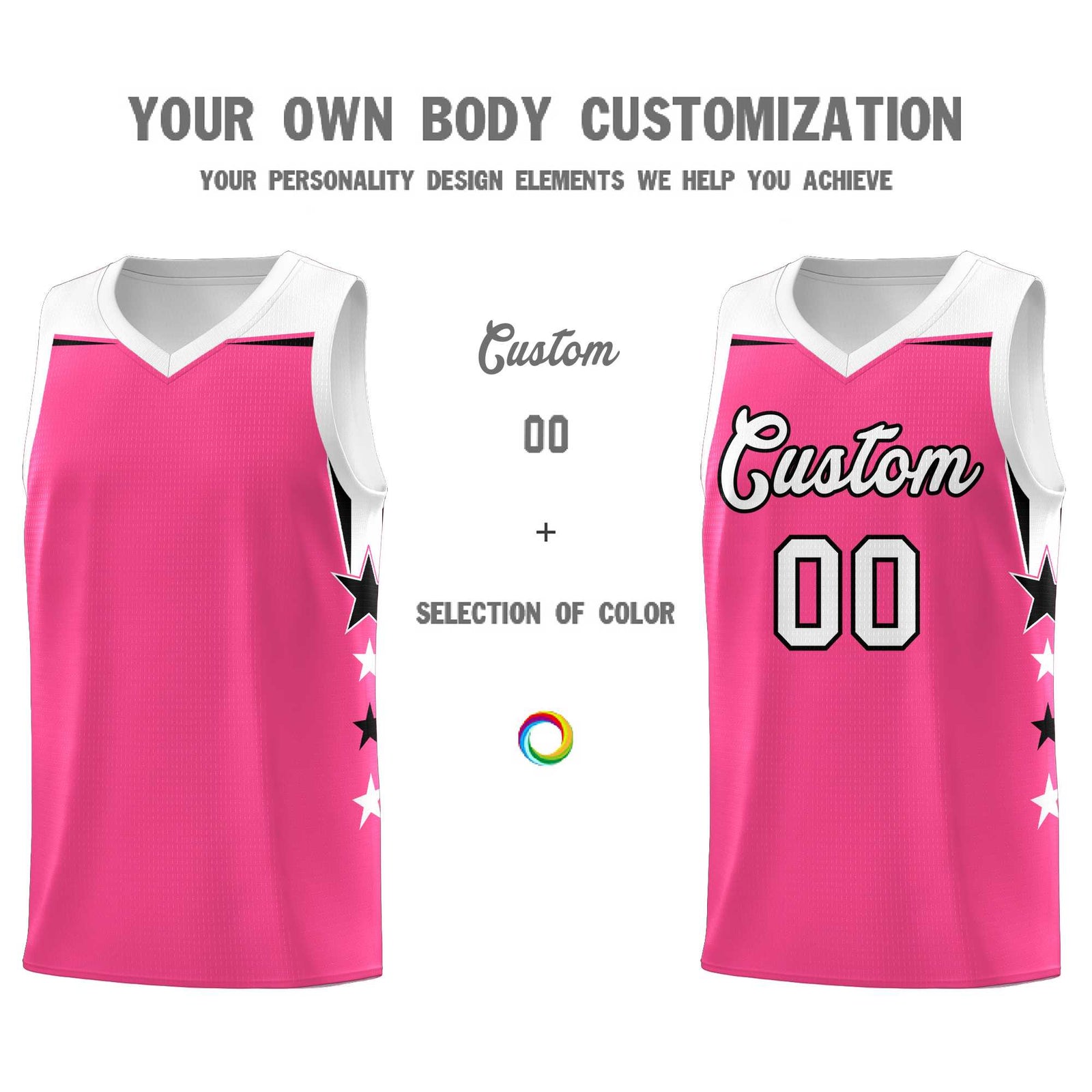 Custom Youth Basketball Uniform Pink White Two Tone Side Star Add Name Number & Logo