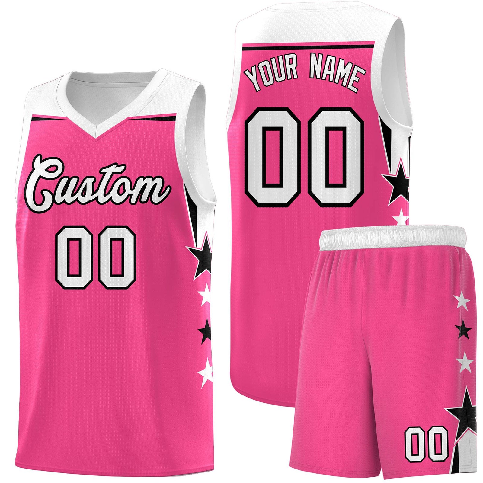 Custom Youth Basketball Uniform Pink White Two Tone Side Star Add Name Number & Logo