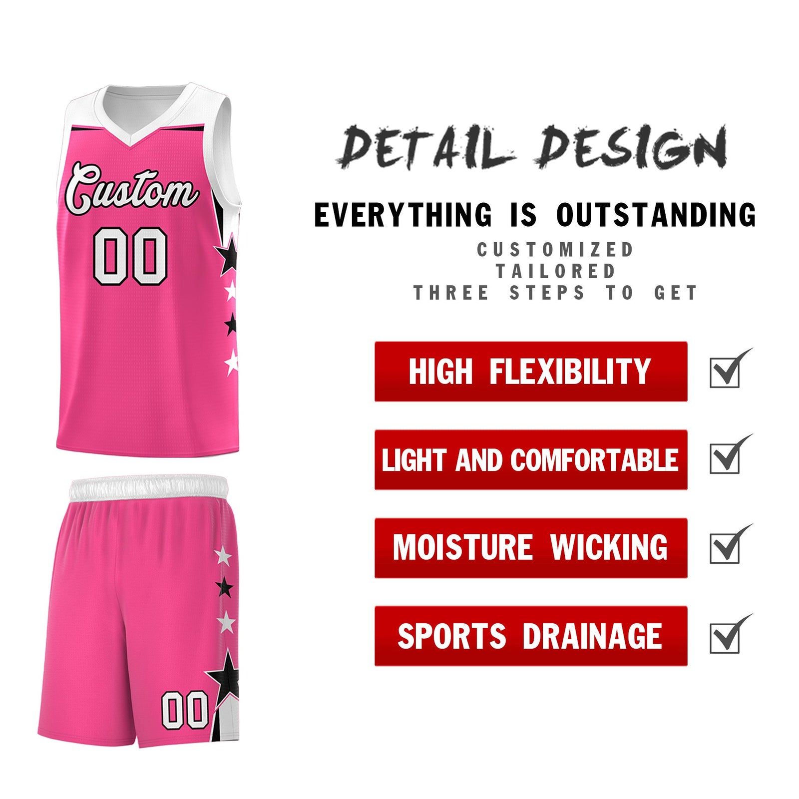 Custom Youth Basketball Uniform Pink White Two Tone Side Star Add Name Number & Logo