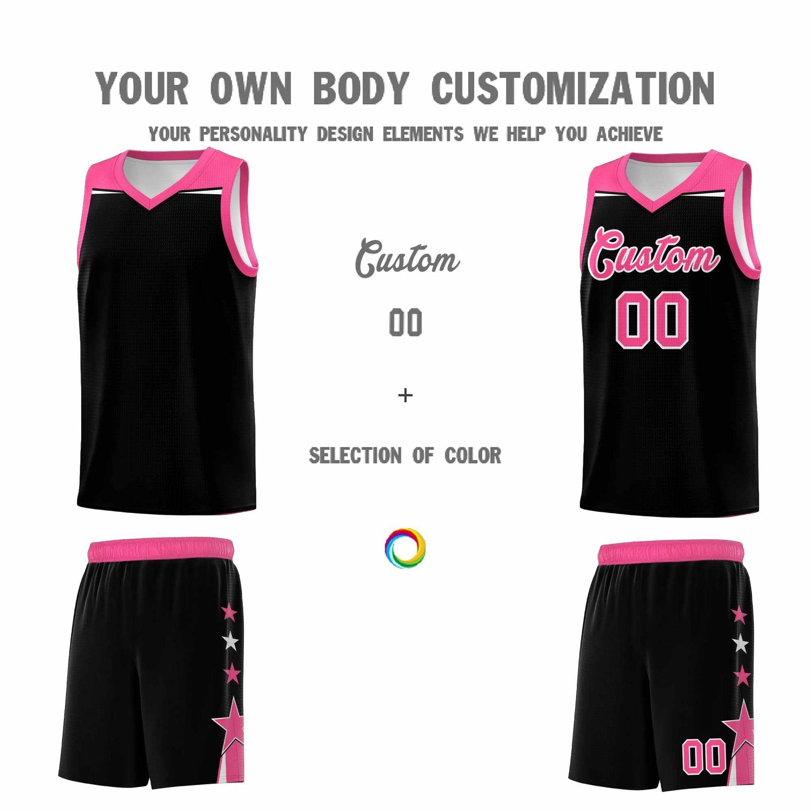 Custom Youth Basketball Uniform Black Pink Two Tone Side Star Personalized Team Jersey