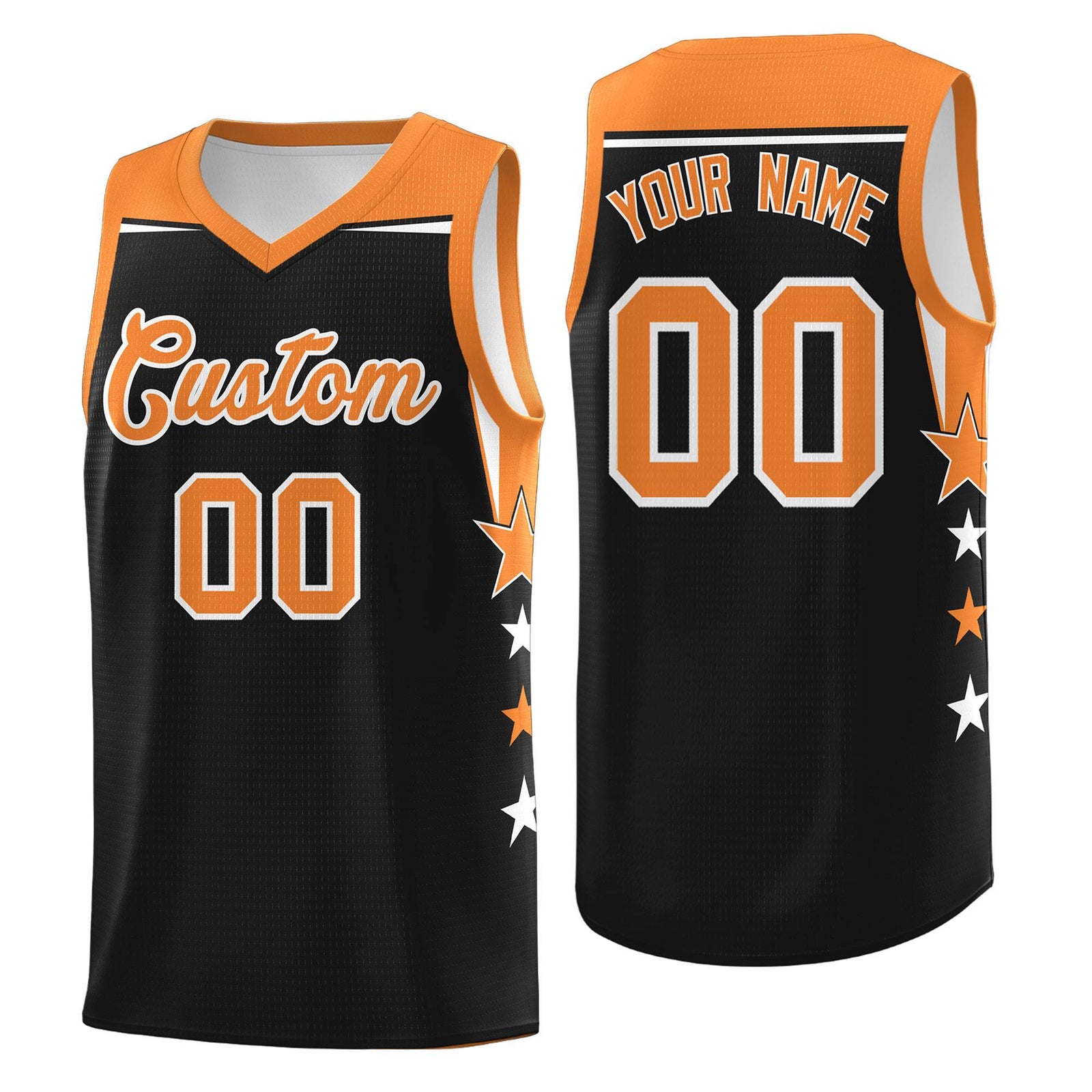 Custom Youth Basketball Uniform Black Gold Orange Two Tone Side Star Personalized Team Jersey